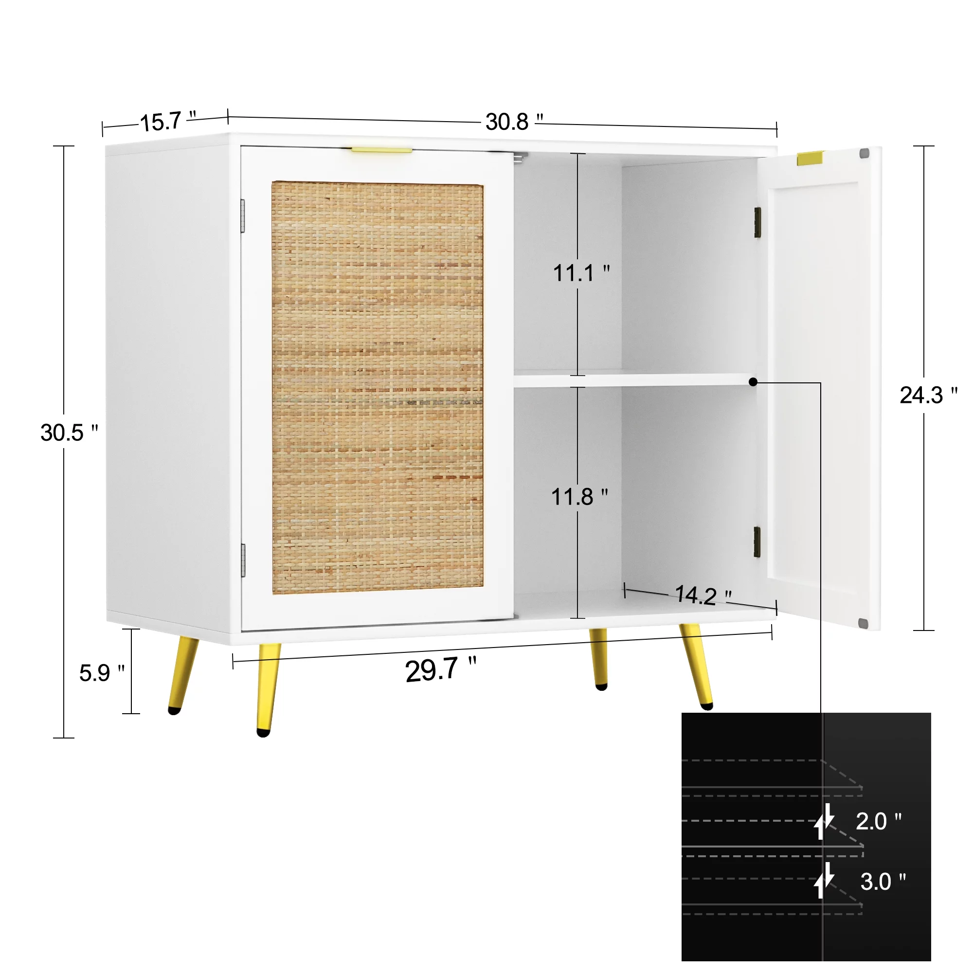 Eumyviv 31.5'' Width Modern Accent Cabinet, White Sideboards and Buffets with 2 Rattan Doors Storage Cane Cupboard for Kitchen Furniture, Living Room,H0059