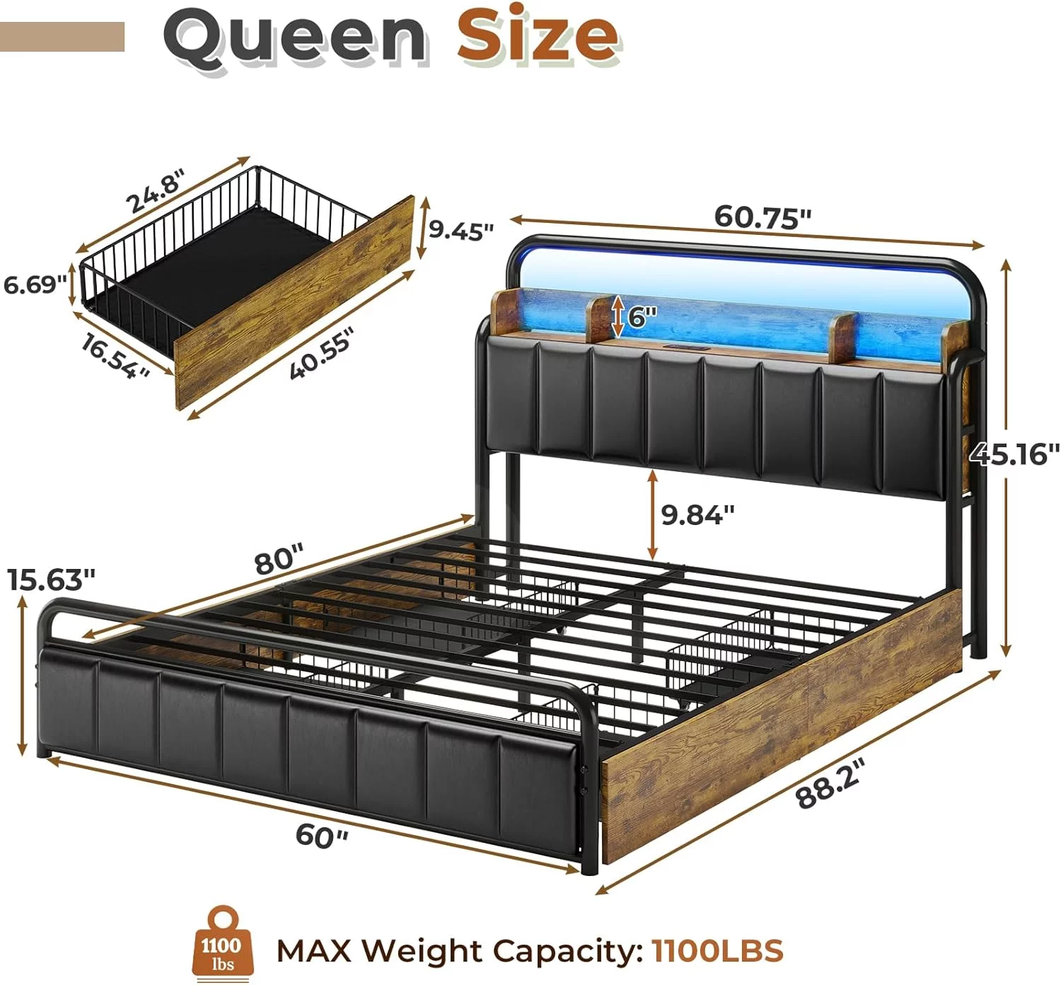 Queen Size Bed Frame with Storage Headboard & Hidden Storage Metal Platform LED Bed Frame with 4 Drawers & Charging Station,Upholstered Headboard,Noise-Free,Black