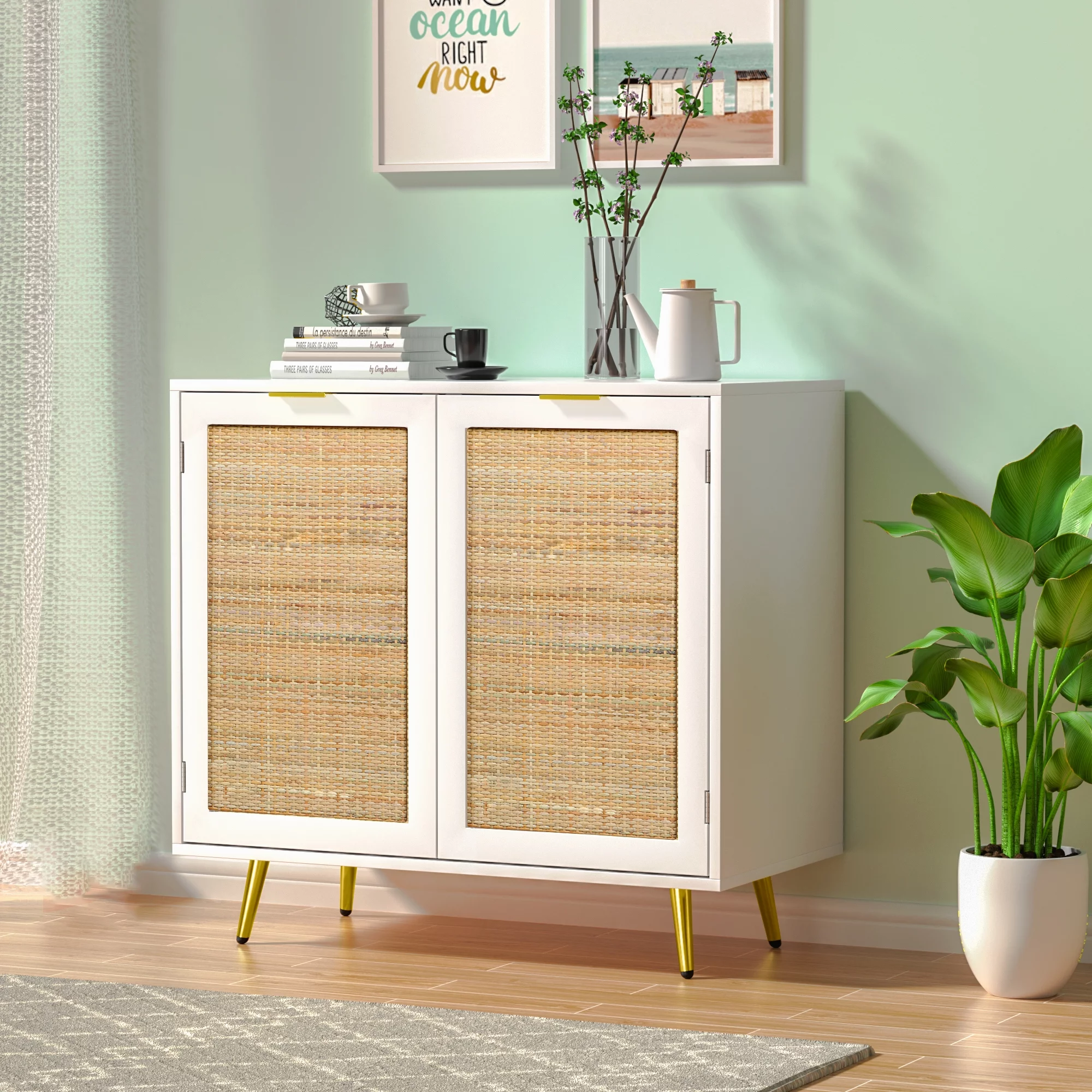 Eumyviv 31.5'' Width Modern Accent Cabinet, White Sideboards and Buffets with 2 Rattan Doors Storage Cane Cupboard for Kitchen Furniture, Living Room,H0059
