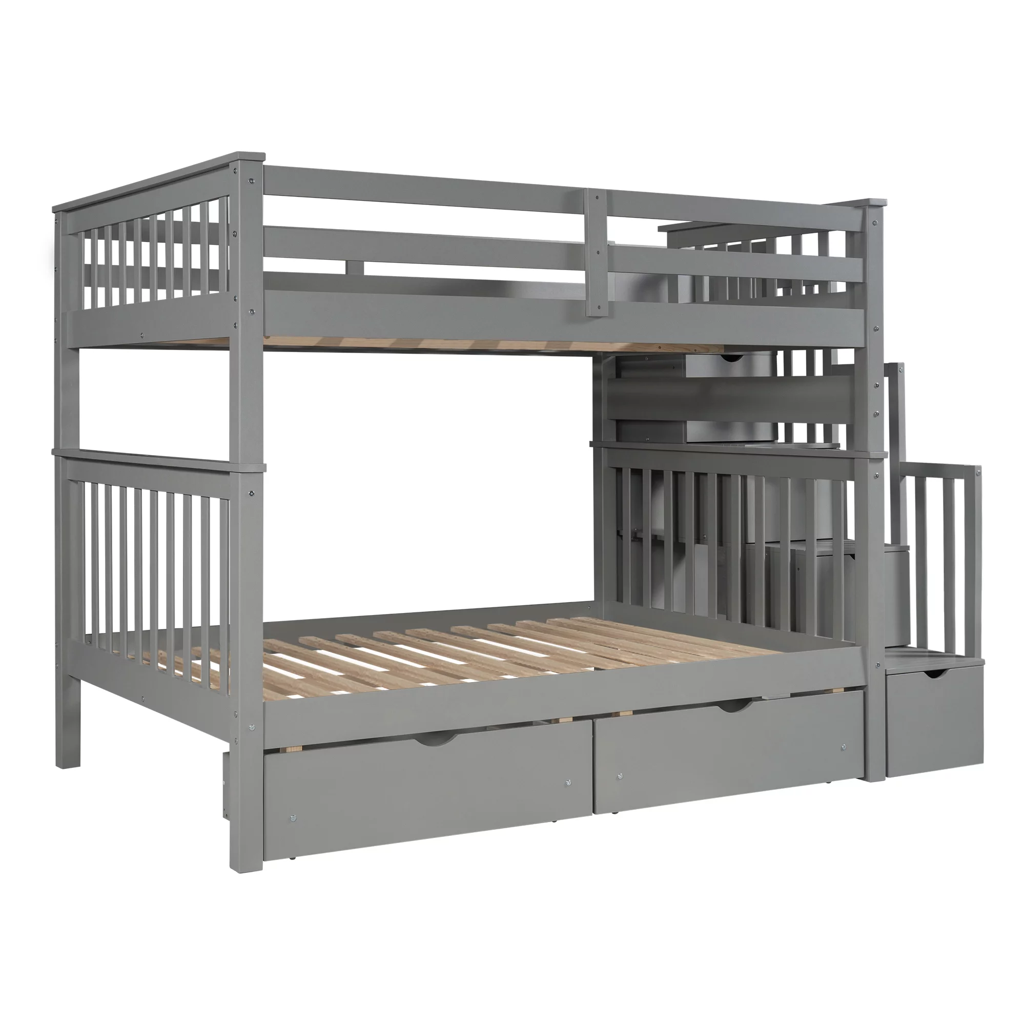 Docooler Full Over Full Bunk Bed with Shelves and 6 Storage Drawers, Gray