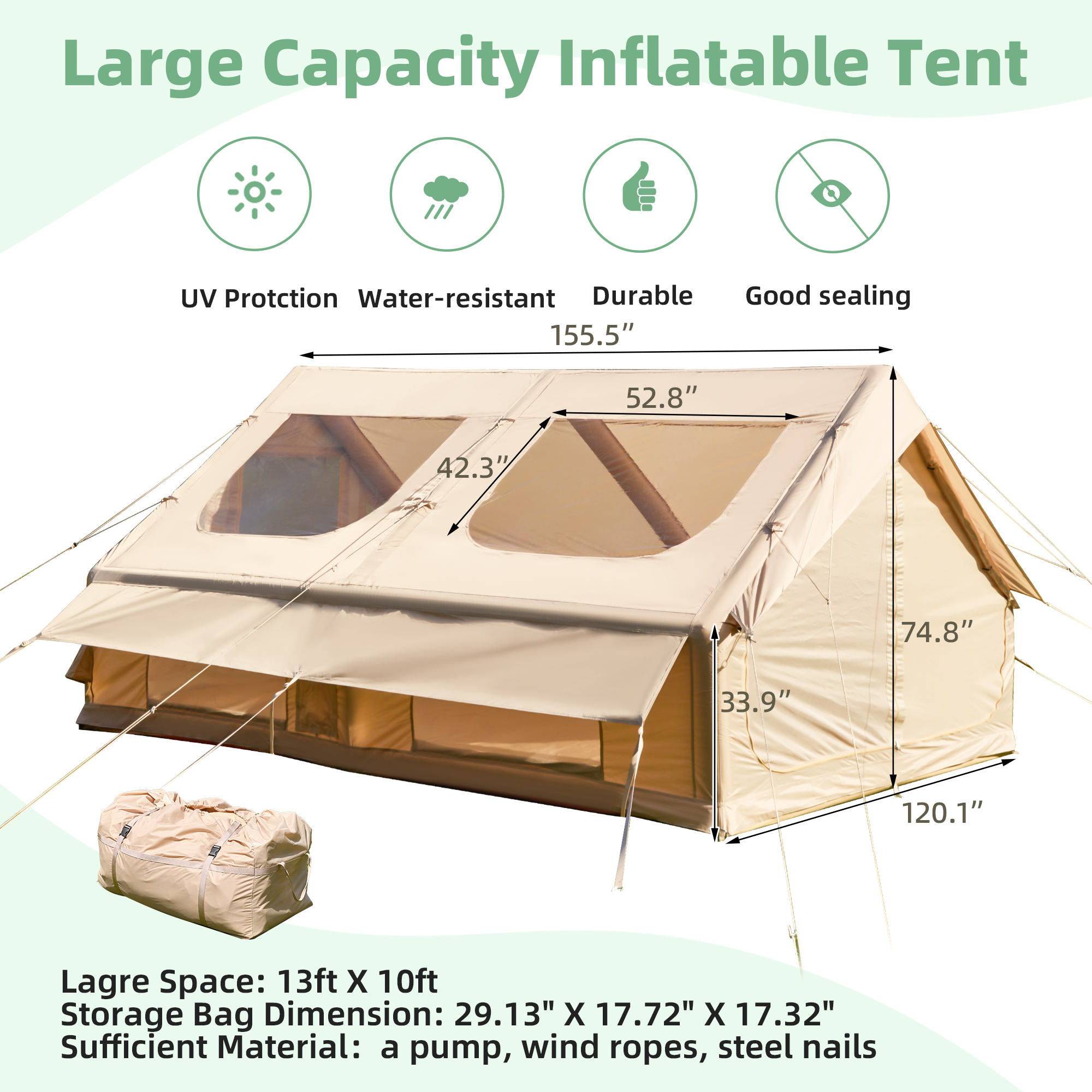 Richryce 13'x10' Inflatable Camping Tent, 130 SFT Air Tent, Glamping Tents, Outdoor Cabin Tent with Pump, Carrying Bag