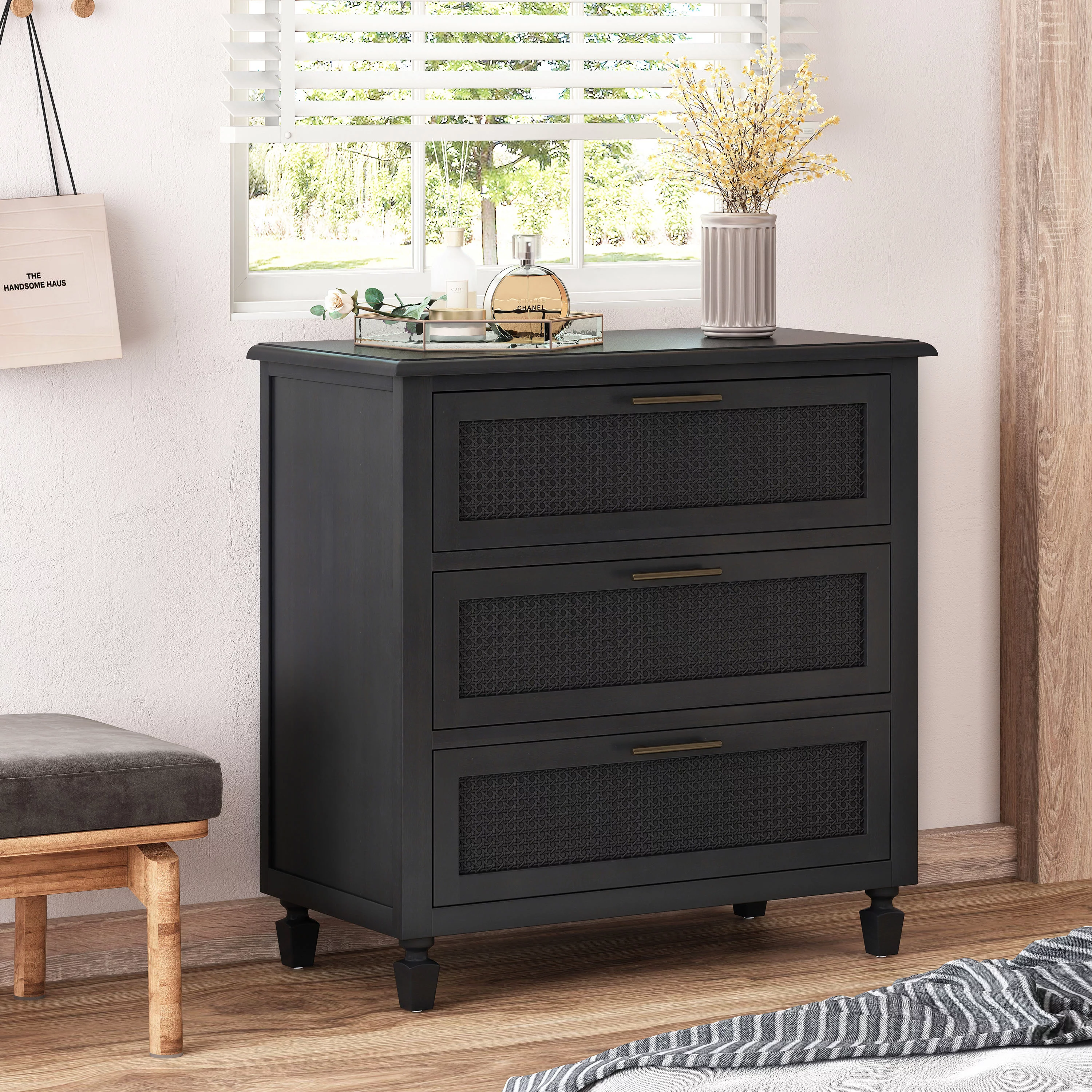 GDF Studio Pollards Rustic Acacia Wood and Cane 3 Drawer Dresser, Dark Gray