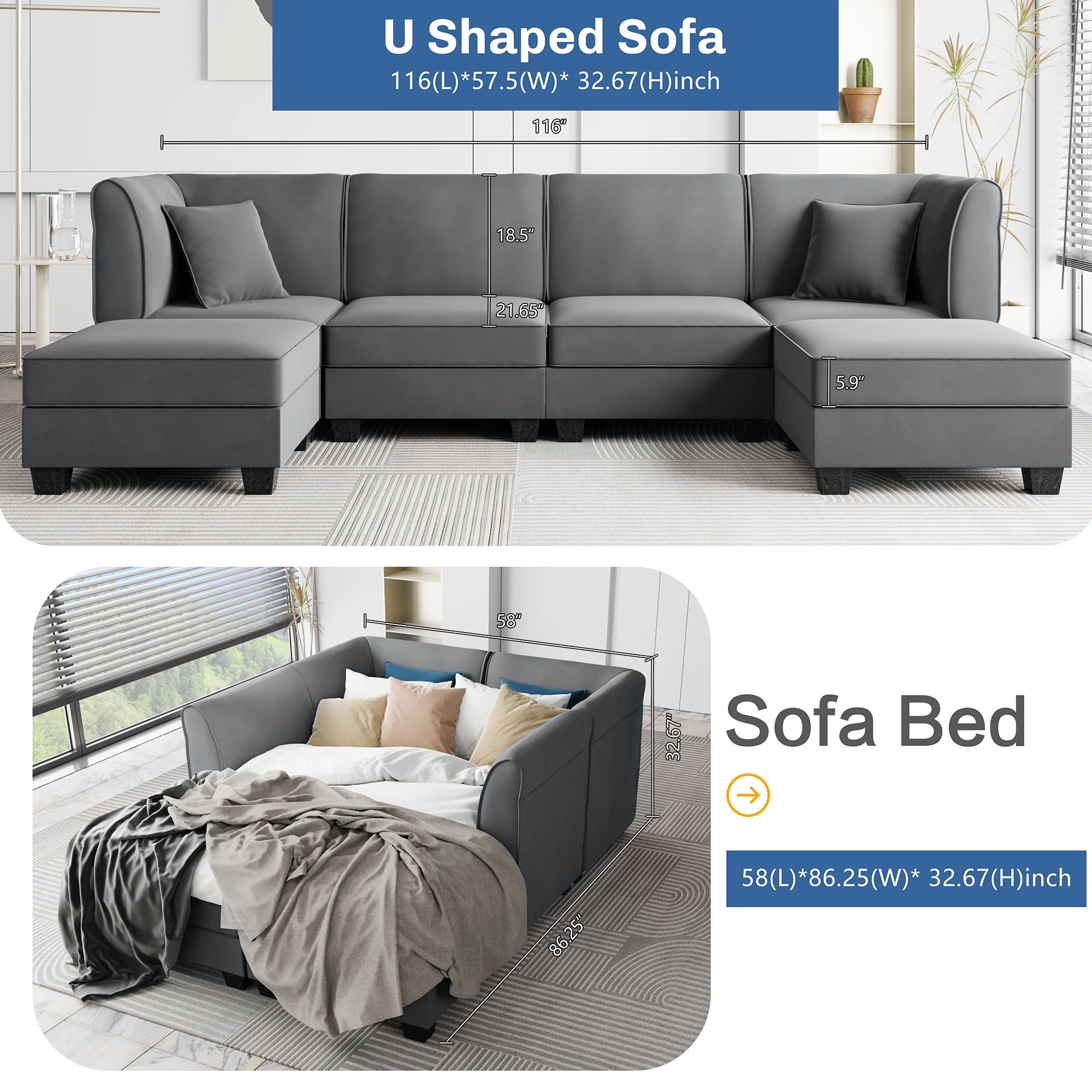 Walsunny Modular Sectional Sofa with Reversible Chaise, U-Shape Convertible Sectional Walsunny Couch with 6 Seats, Velvet Modern Sleeper with Ottomans