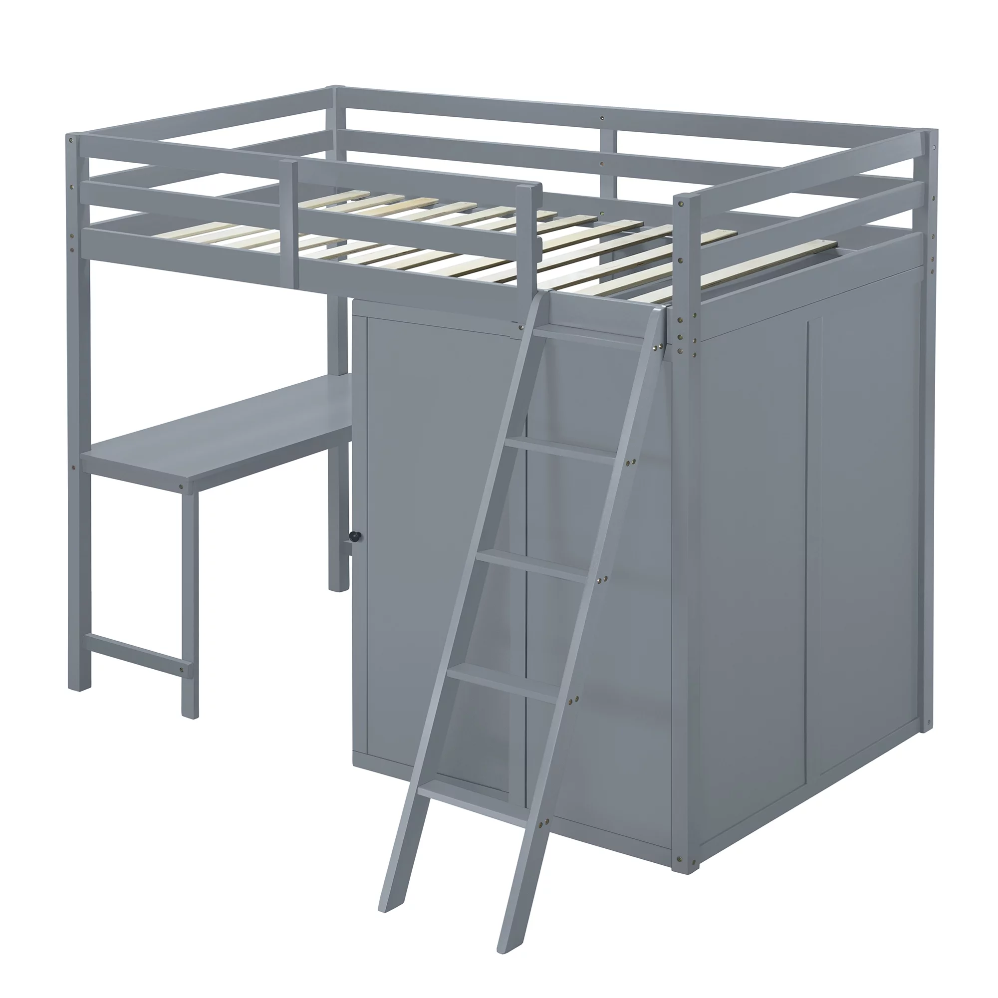 Churanty Twin Size Loft Bed with Wardrobe and Desk for Kids, Wood High Twin Loft Bed Frame with Shelves,Gray