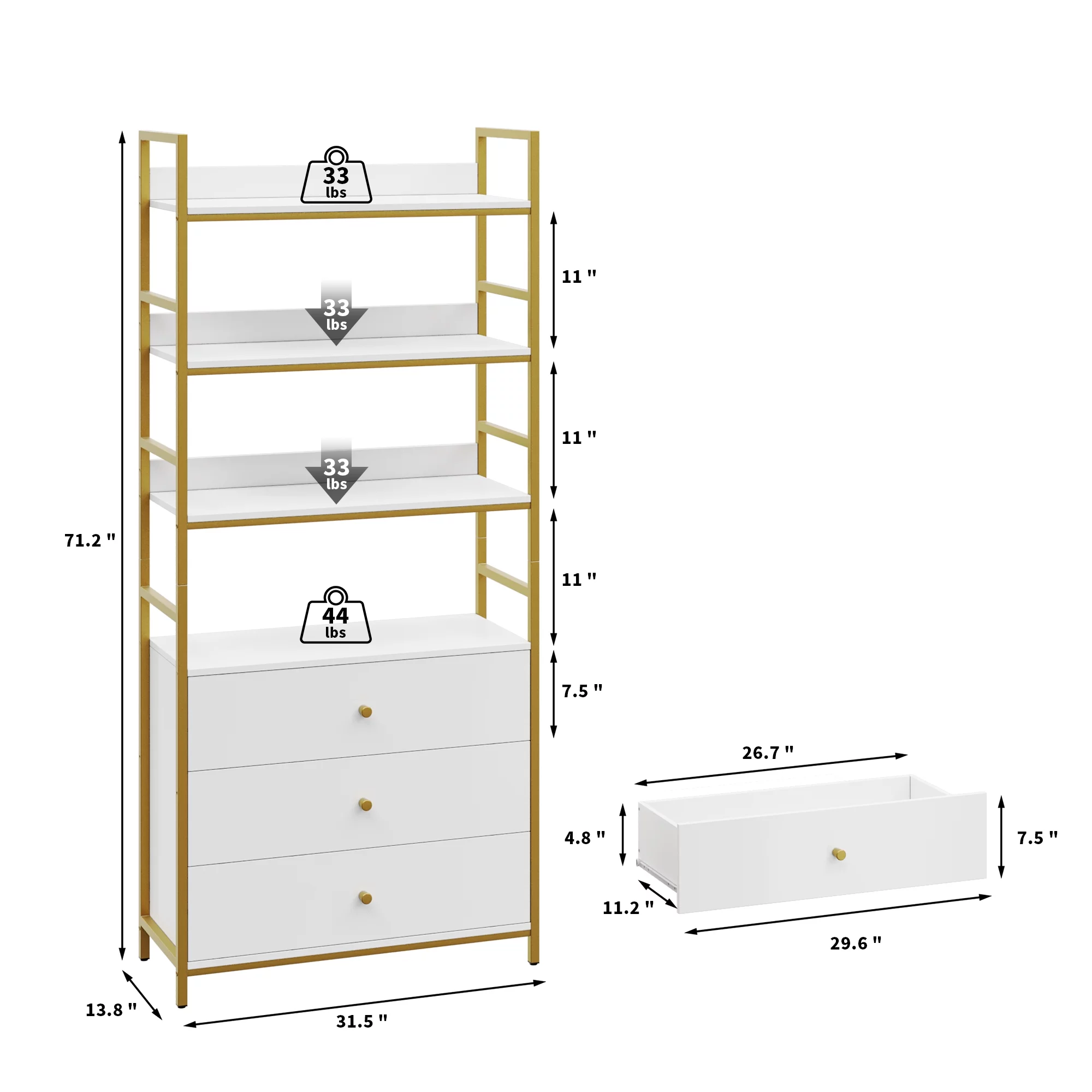 Homfa 4 Tier Gold Bookcase with 3 Drawers, Free Standing Bookshelf with Metal Frame for Office Study Room, White Finish