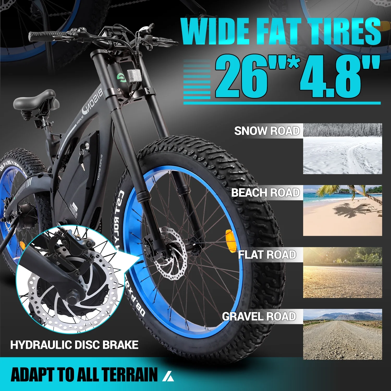 Ecotric 750 W Electric MTB Bike 18 Ah 48 V Battery 26 x 4.8 In. Fat Tire Full Suspension Fork Aluminum Frame Men's Mountain Bike Beach E-Bike Snow Bicycle for Adults A-E516646