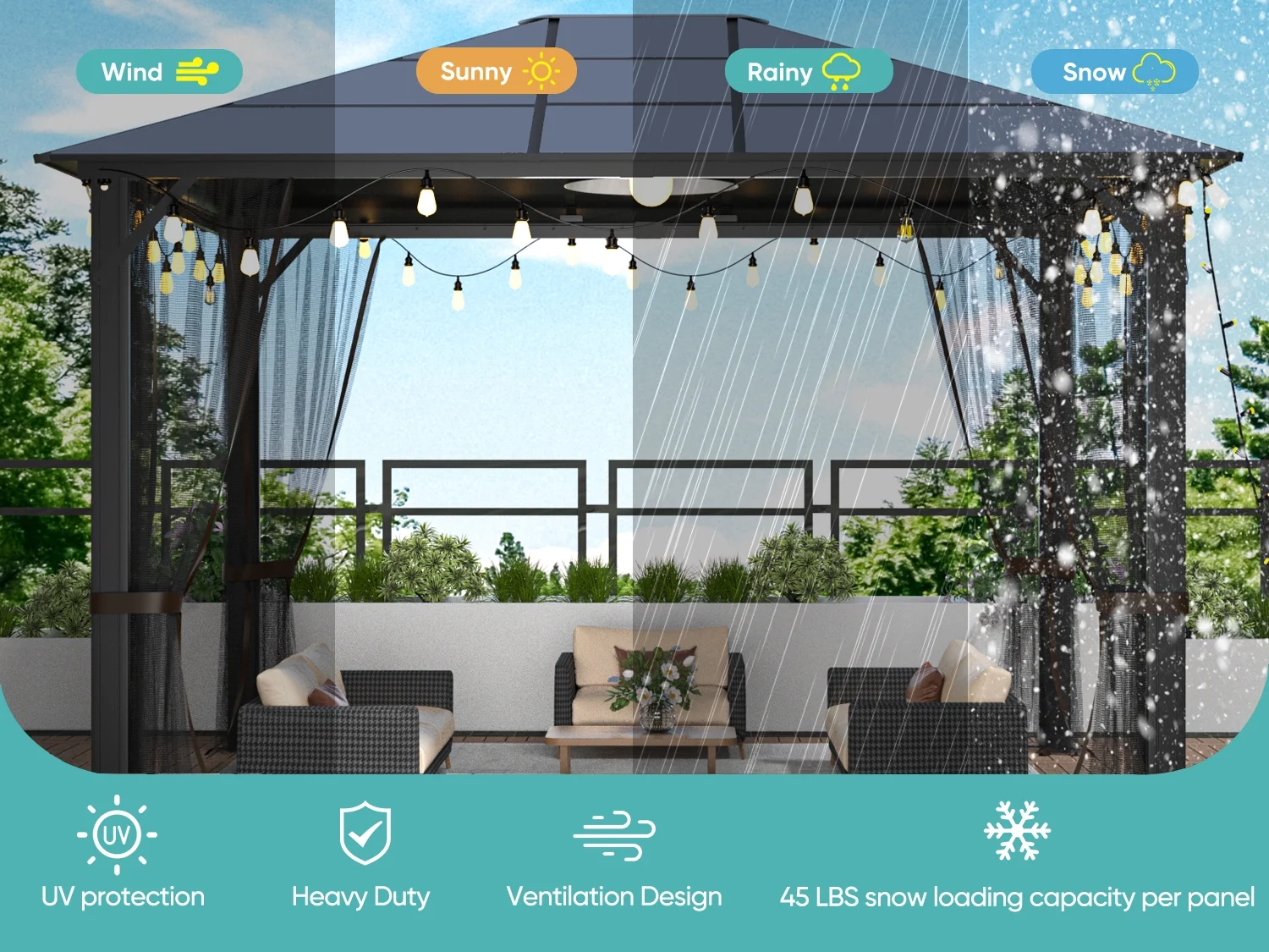 10x12 Hardtop Metal Gazebo Heavy Duty Pergola with Mosquito Nets Galvanized Steel&Polycarbonate Roof Sturdy Outdoor Canopies Tent Suitable for Gardens Patio Backyard