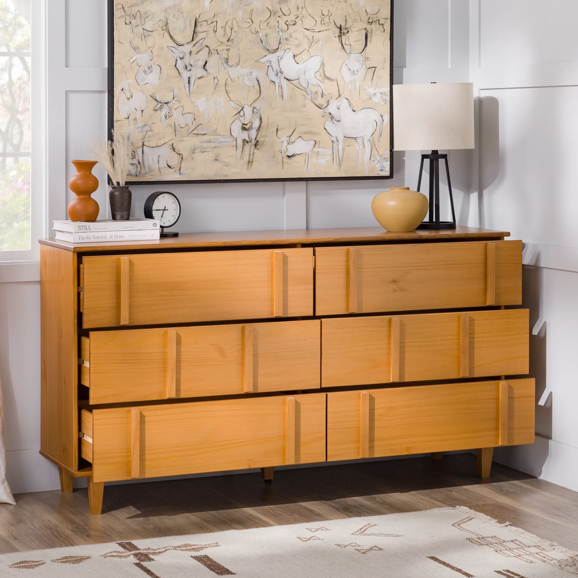 Walker Edison 60” Contemporary Vertical Drawer Pulls Solid Wood Dresser, Caramel