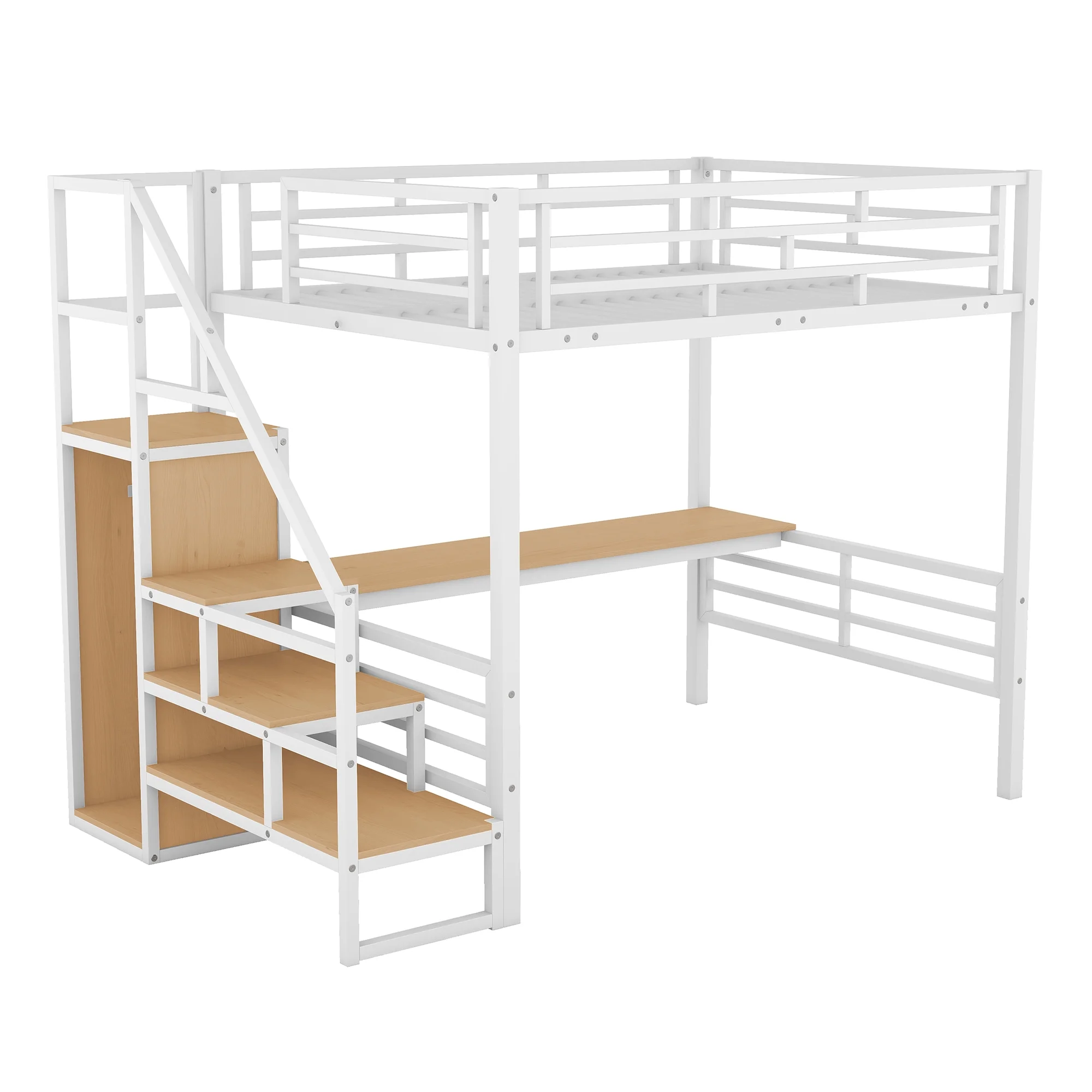 Bellemave Full Size Metal Loft Bed with Convertible Storage Staircase and Small Wardrobe, Heavy Duty Loft Bed Frame with Built-in Long Desk and Safety Guardrail for Kids,Teens, White