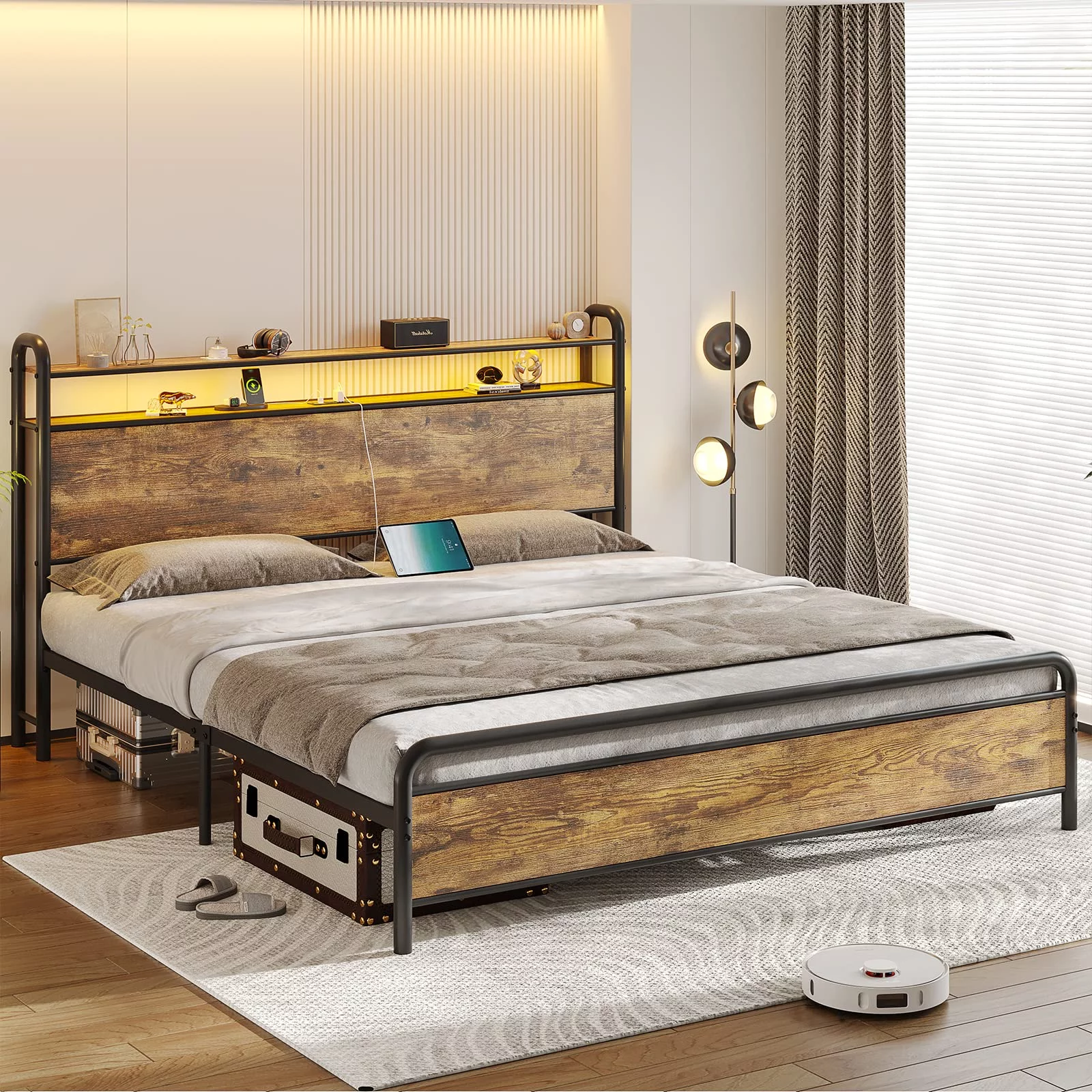 LED Metal Bed Frame with USB Ports & Outlets & LED Headboard, King Platform Bed Frame with 2-Tier Storage Headboard, No Box Spring Needed, Rustic Brown