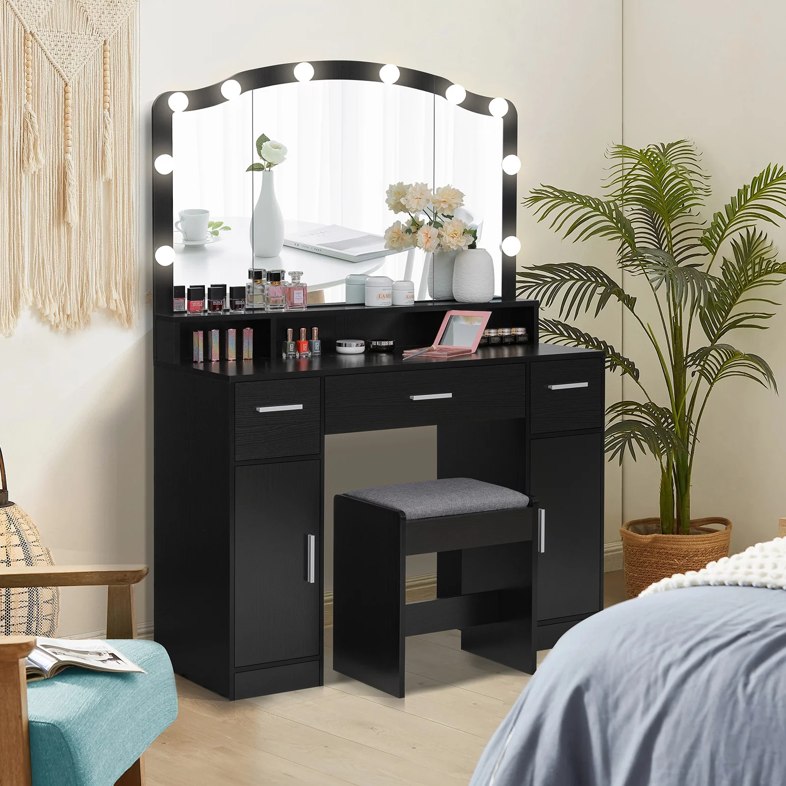 USIKEY Large Vanity Set with Large Lighted Mirror, Modern Makeup Vanity Table with 3 Drawers, 2 Storage Cabinets & 10 LED Bulbs, BlackYSZT32HD