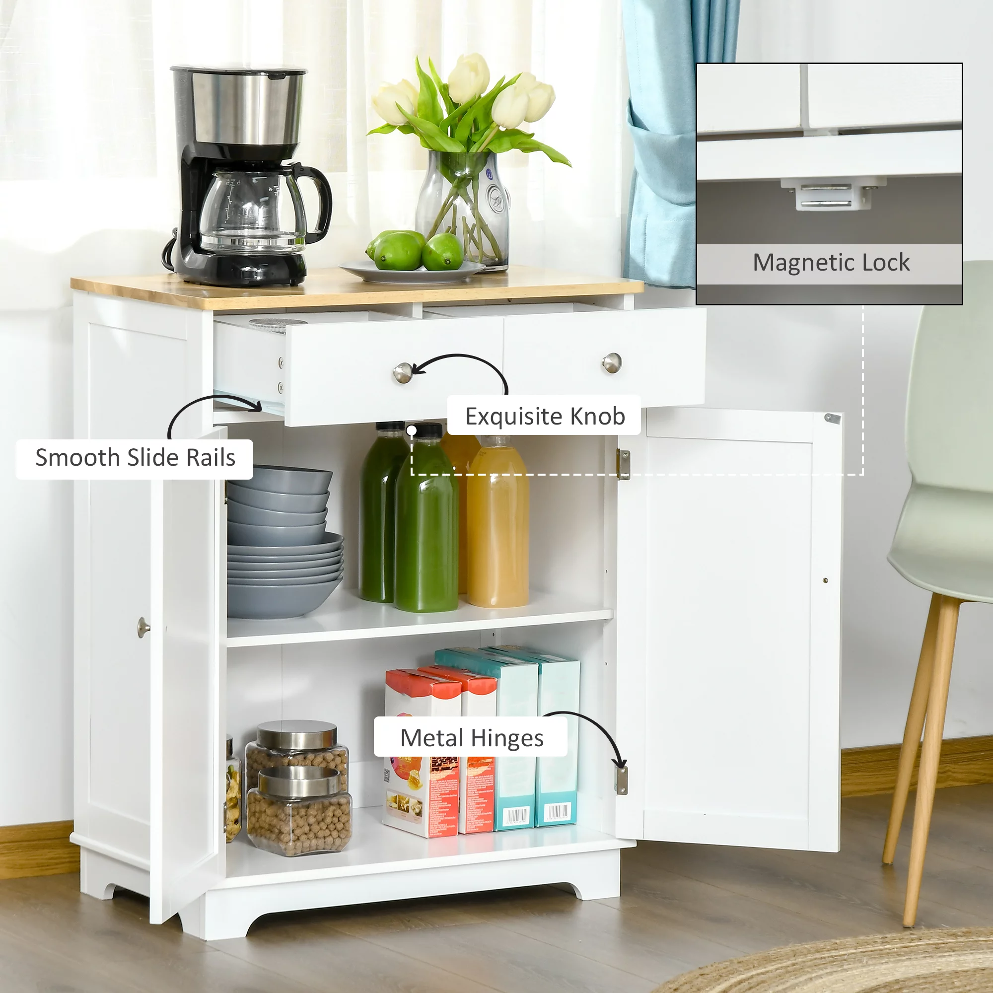 HOMCOM Sideboard Buffet Cabinet, Double Door Kitchen Cabinet, Coffee Bar Cabinet with 2 Drawers, Adjustable Shelf for Living Room and Hallway, White