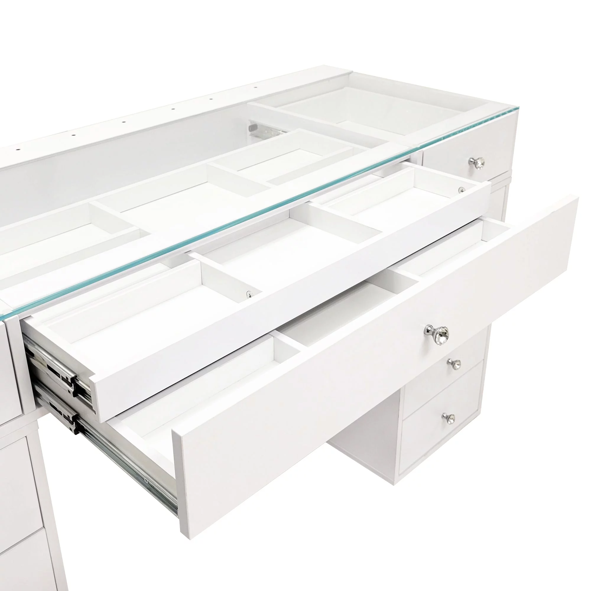 Impressions Vanity Slaystation Naomi Vanity Desk with Glass Tabletop with 10 Storage Drawers (White)