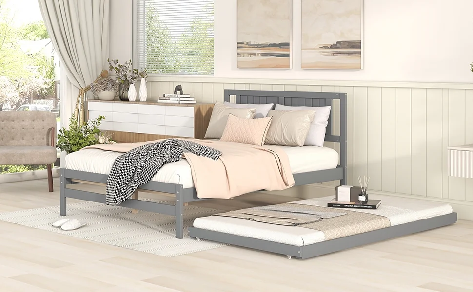 Euroco Wood Full Size Platform Bed with Trundle Frame Set, Wooden Bed Frame with Convertible Trundle Bed for Kids Teens Adulst, Gray
