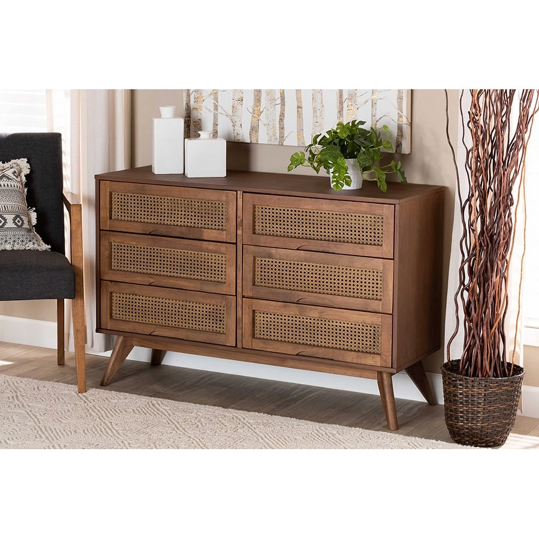 Baxton Studio Barrett Mid-Century Modern Walnut Brown Finished Wood and Synthetic Rattan 6-Drawer Dresser