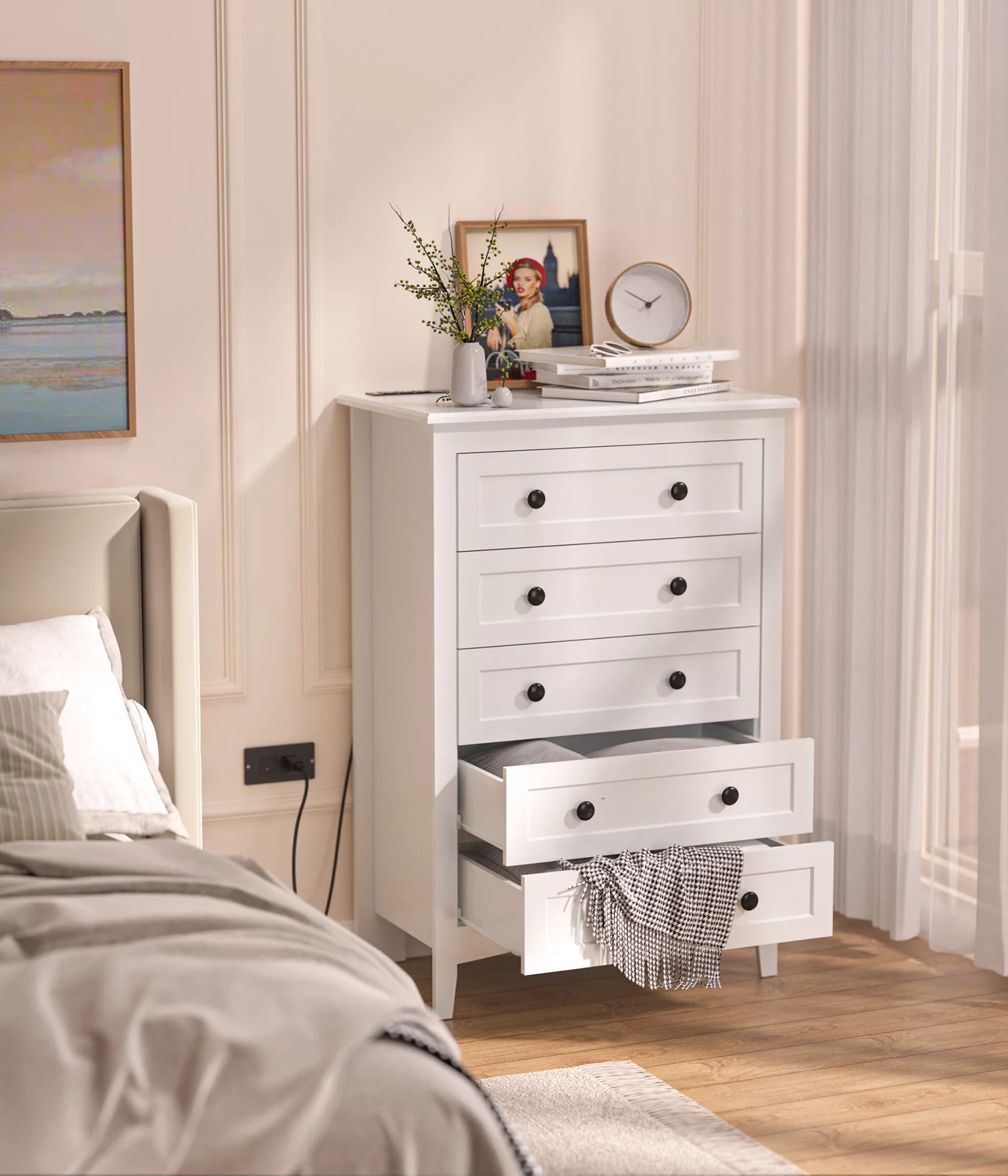 HAIOOU 5 Drawer White Dresser with Power Outlets, Wooden Vertical Dressers for Bedroom Large Storage Chests of Drawers with Hidden Drawer Compartment for Living Room, Closet, Entryway, Hallway