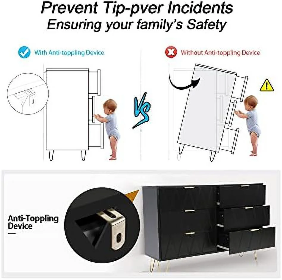 Black 6 Drawer Dresser for Bedroom  Large Double Dresser with Wide Drawers and Gold Handles   Chest of Drawers