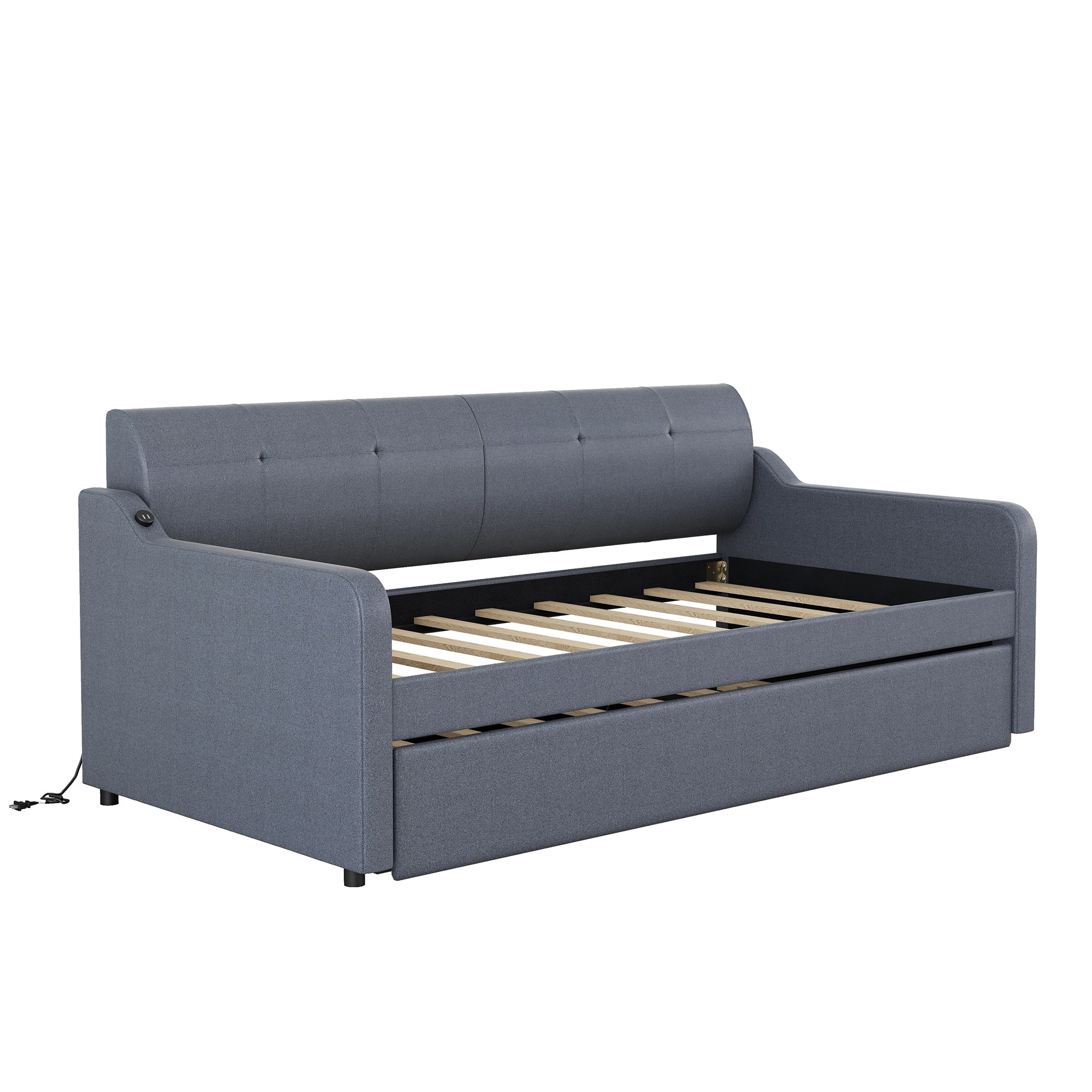 EUROCO Twin Size Upholstery DayBed with Convertible Trundle and USB Charging Station, Gray
