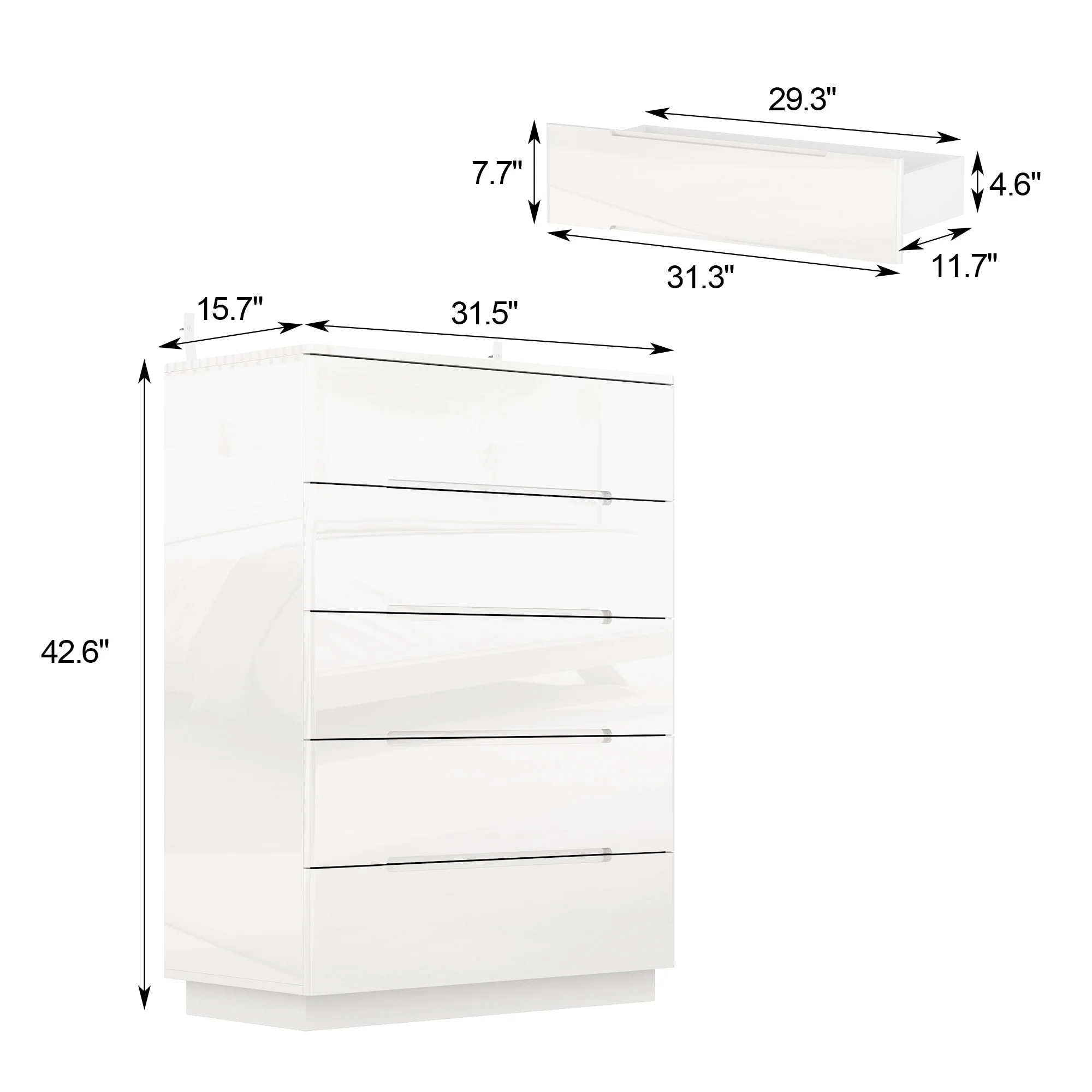 5 Drawer Chest Dresser w/High Gloss Drawers Chest With Light Storage White
