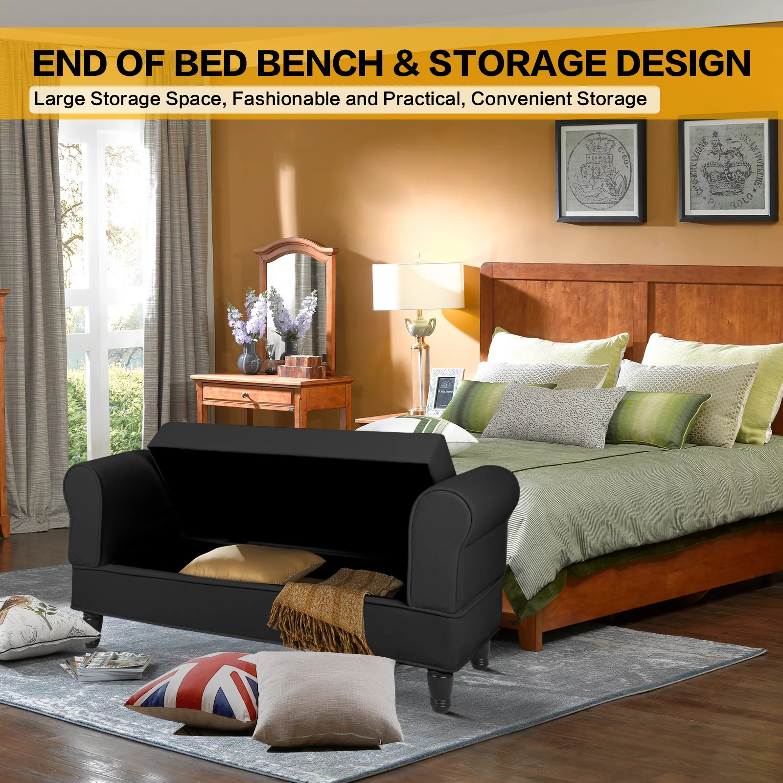 Hofitlead Storage Bench , Velure Rolled Arm Ottoman Storage Sofa , with 2 Ottoman Footstool,Black