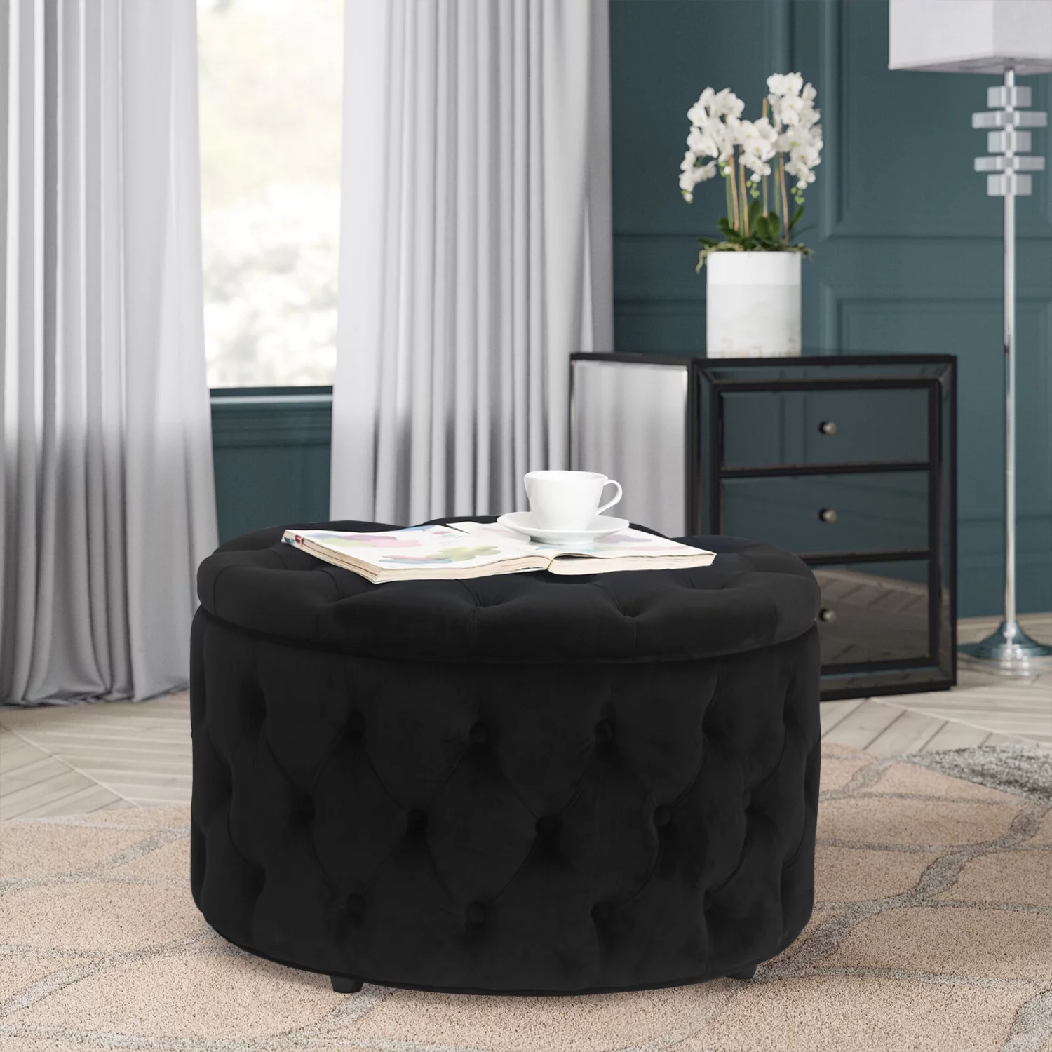 Homebeez Round Storage Ottoman Button Tufted Footrest Stool Coffee Table Children Sofa Stool,Black