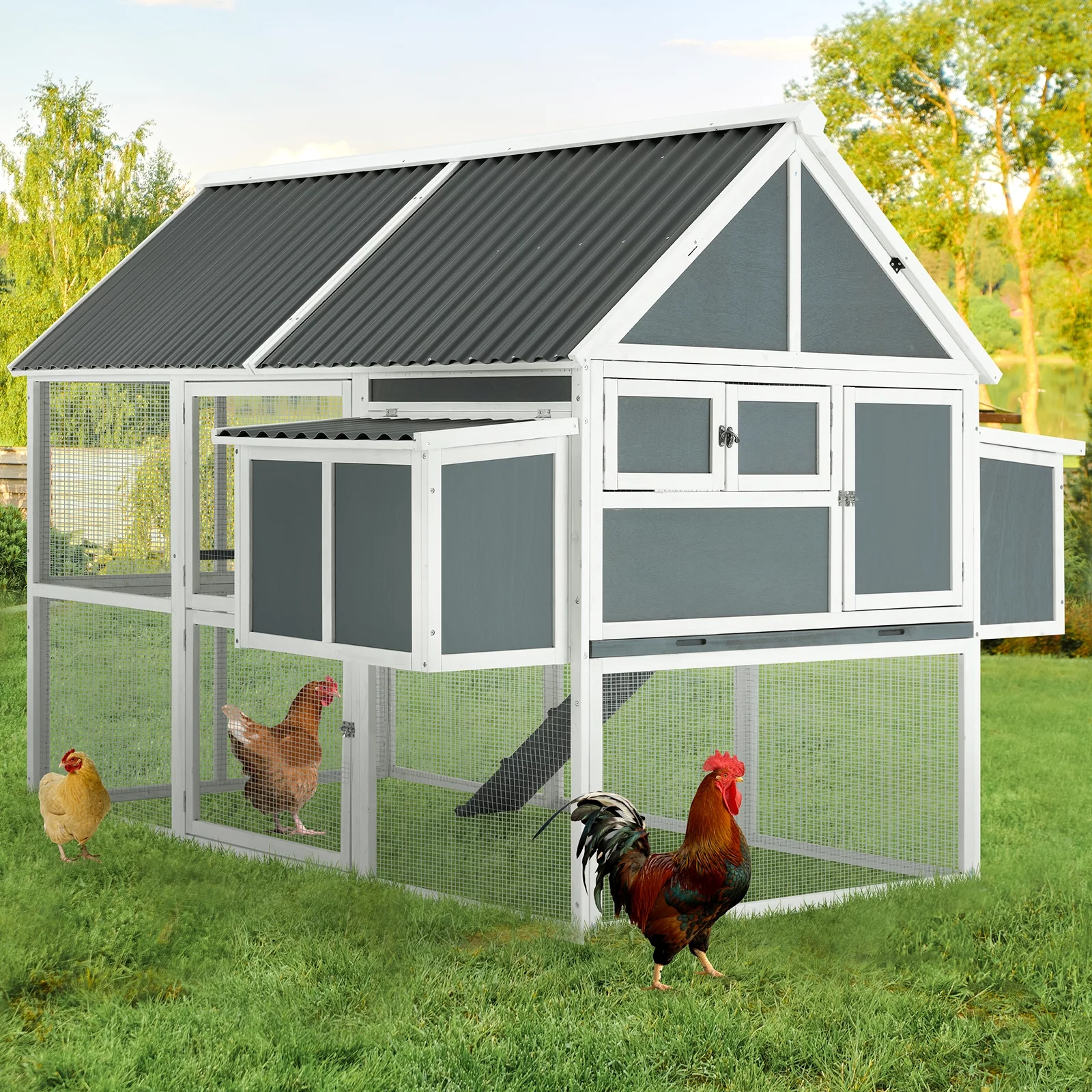 YODOLLA 84” Large Chicken Coop Outdoor Wooden Hen House Poultry Cage with 2 Nesting Boxes & Removable Tray,Gray
