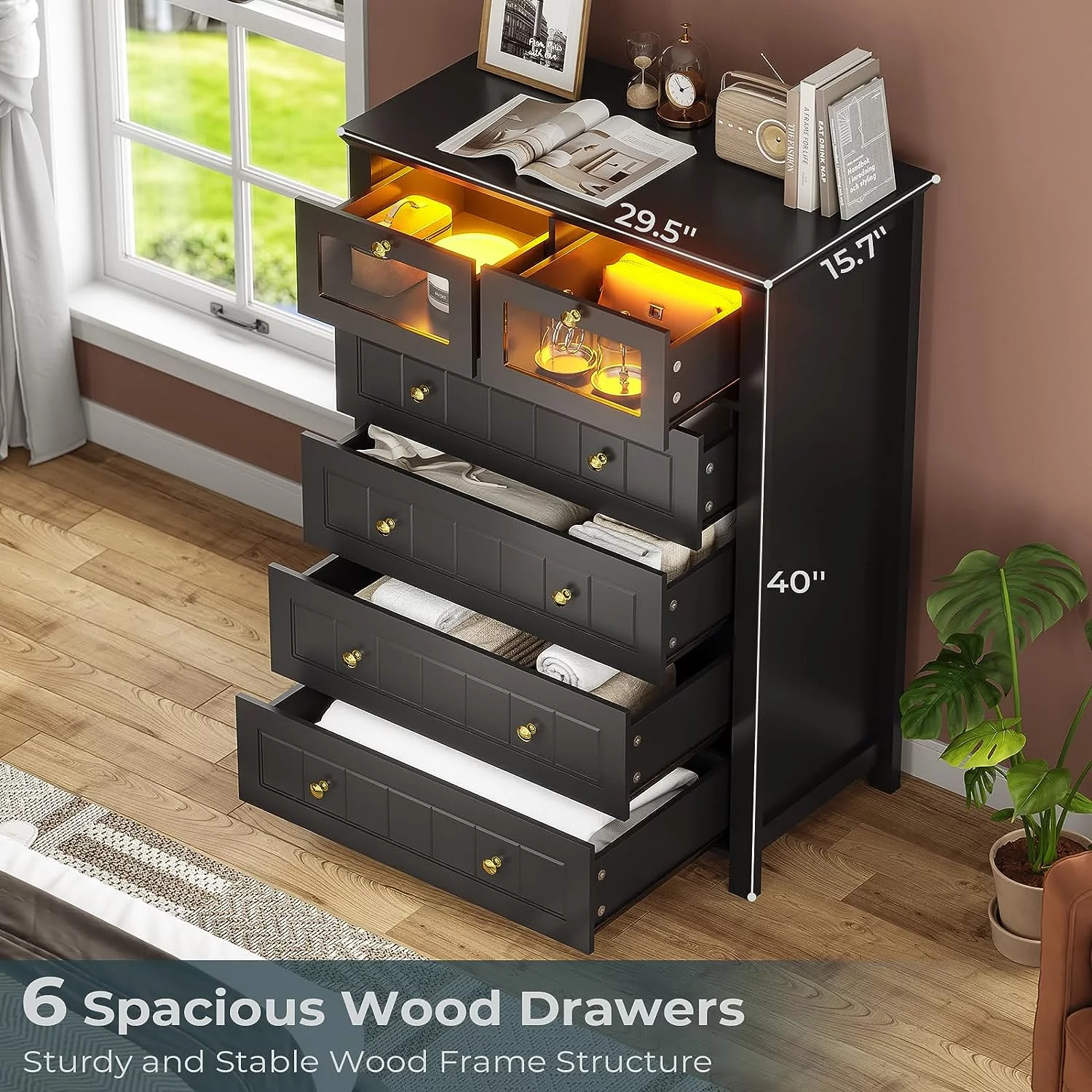 AOGLLATI Black Dresser for Bedroom with Led Light, 6 Drawer Dresser with Milled Grooves Design, Tall Led Dresser for Bedroom Closet