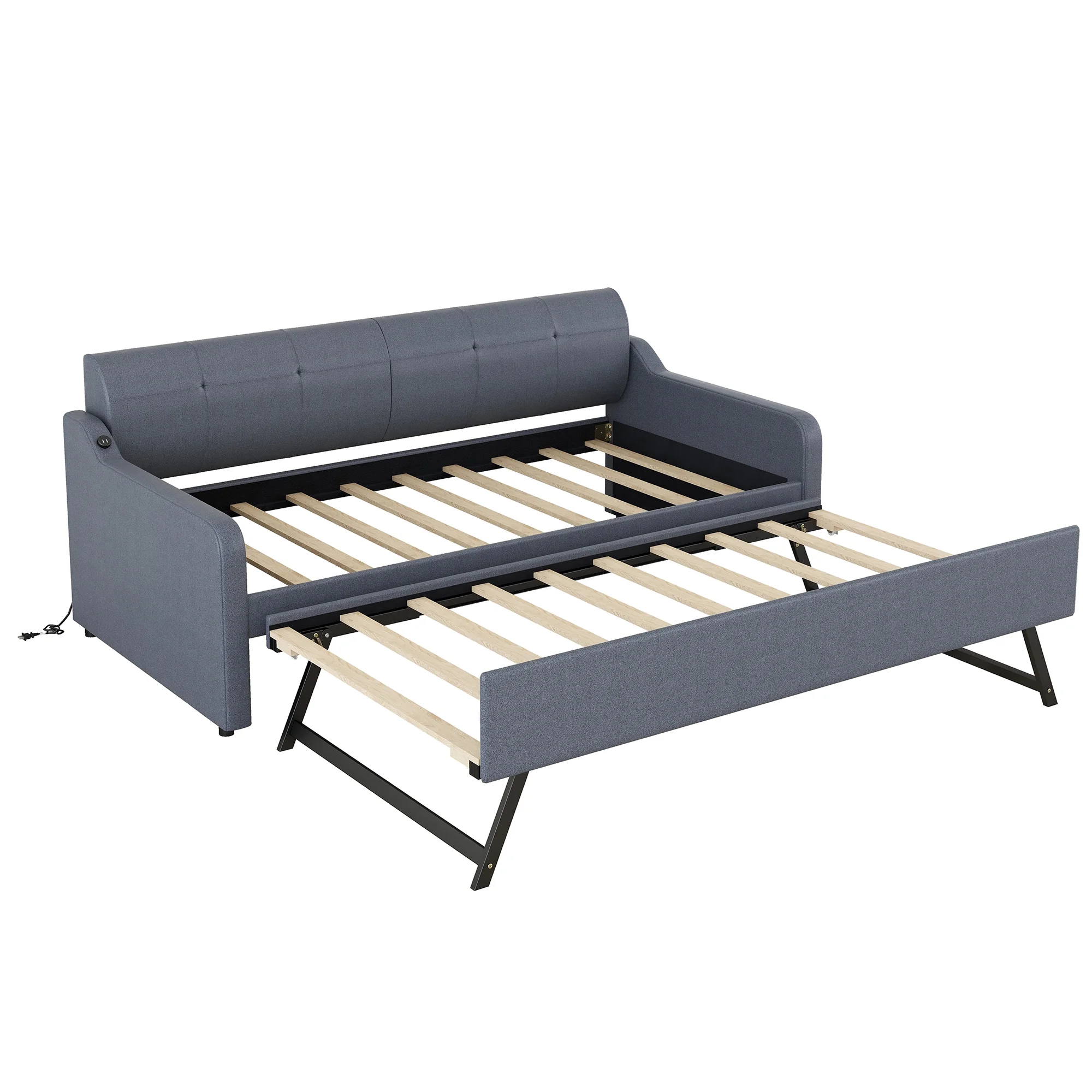 EUROCO Twin Size Upholstery DayBed with Convertible Trundle and USB Charging Station, Gray