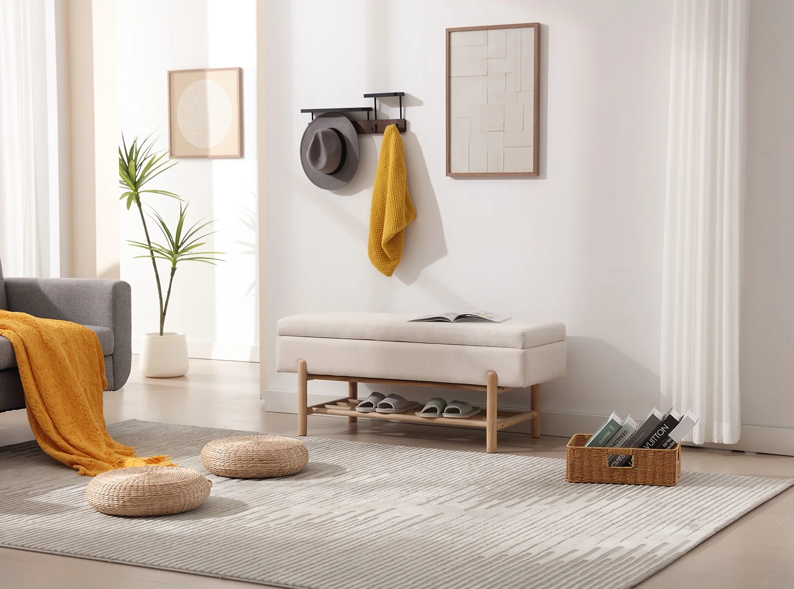 Dayalane Entryway Storage Bench, Linen Upholstered End of Bed Ottoman Bench with Wooden Shoe Rack, Modern Long Bench for Bedroom Living Room Hallway Foyer, Beige