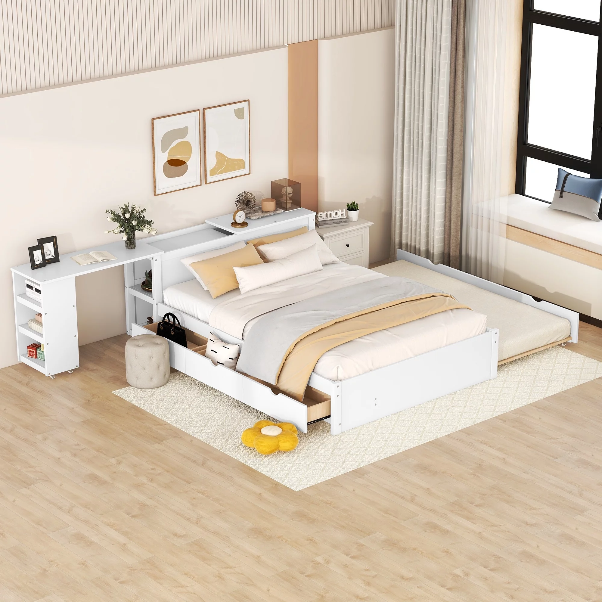 Churanty Full Size Platform Bed Frame with Rolling Desk and Storage Headboard Modern Wood Bed Frame with Trundle and Drawers,White