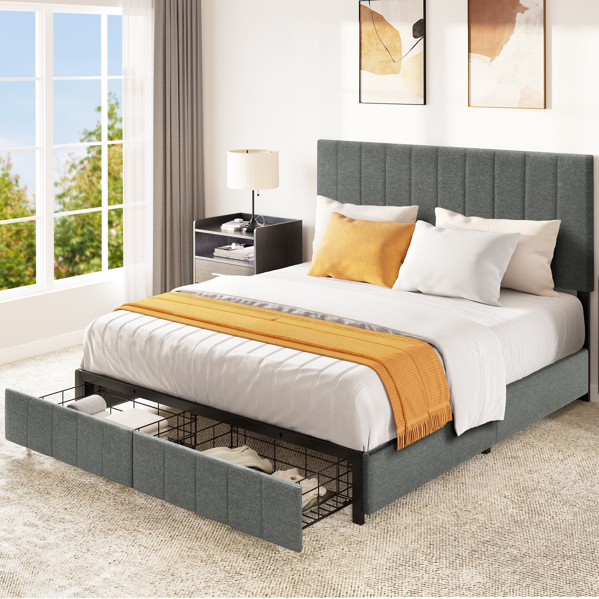 Dextrus Queen Size Bed Frame, Platform Bed with Storage Drawers, Upholstered Bed with Headboard and Strong Wood Slats Support, No Box Spring Needed, Grey