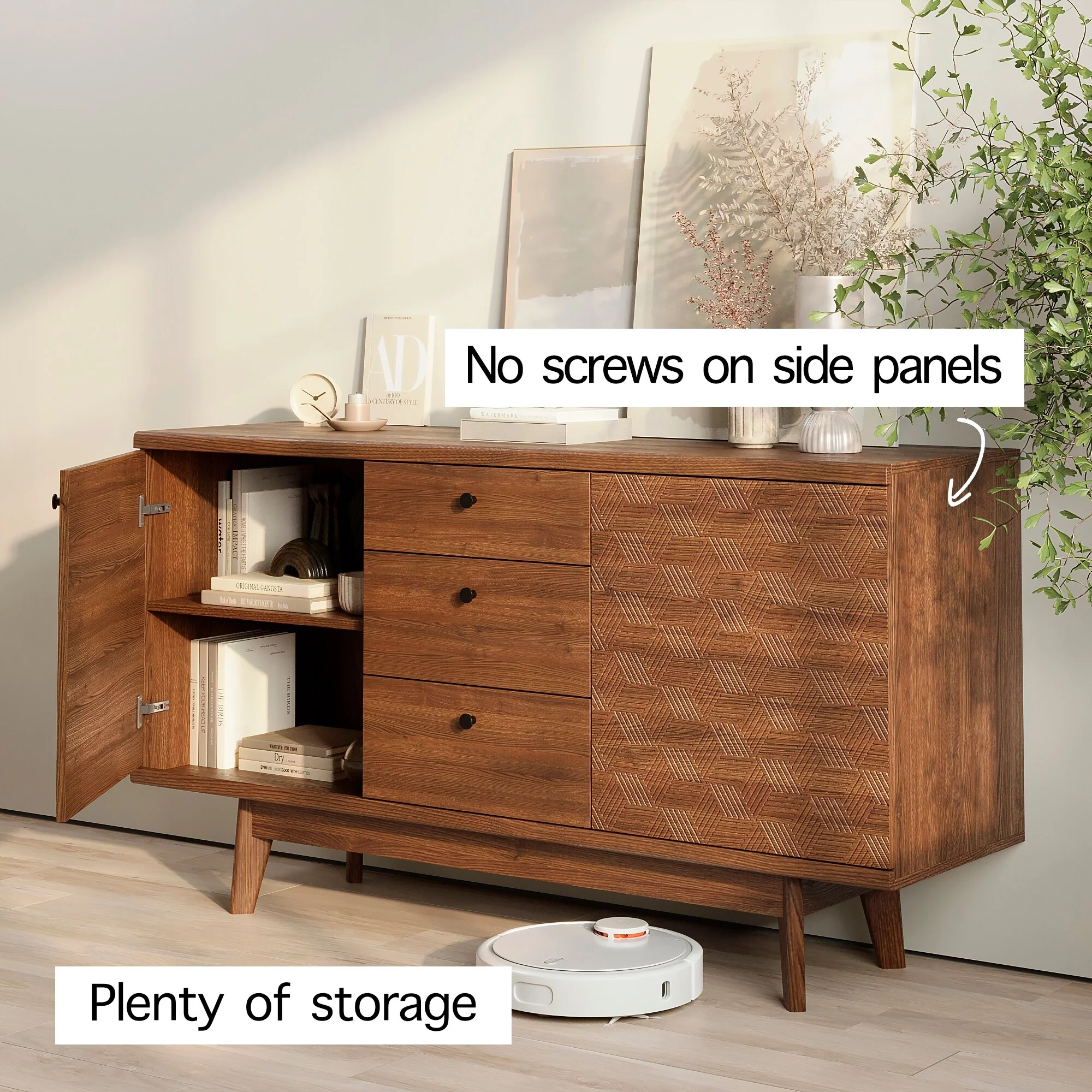 Living Skog  Scandi Sideboard Buffet TV Stand with Drawers and Wooden Legs for TV's up to 65-inch TV Beige