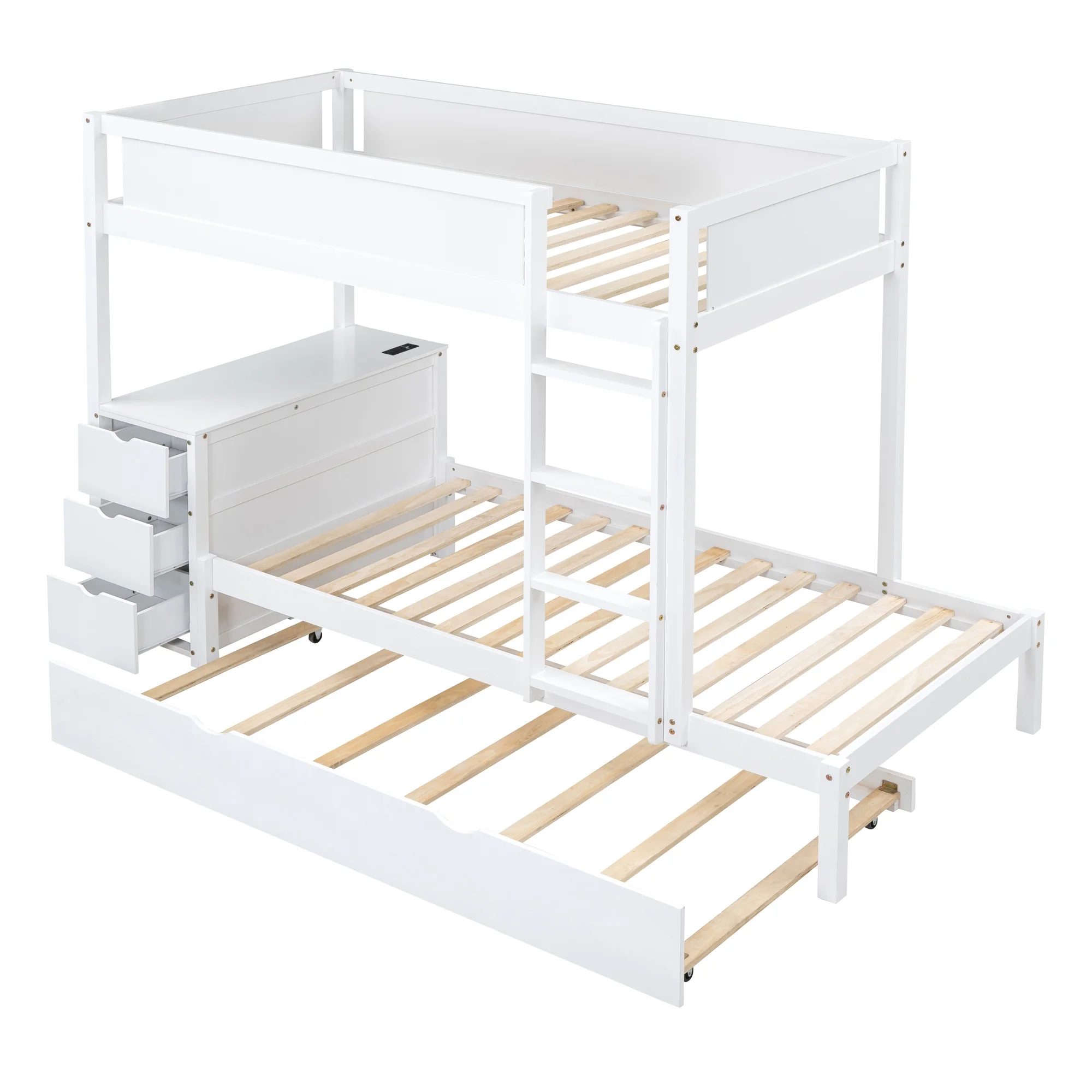Churanty Twin Over Twin Bunk Bed with Trundle and Desk, Solid Wood Bunk Bed Frame with Storage Drawers and shelves for Kids Girls Boys Bedroom,White