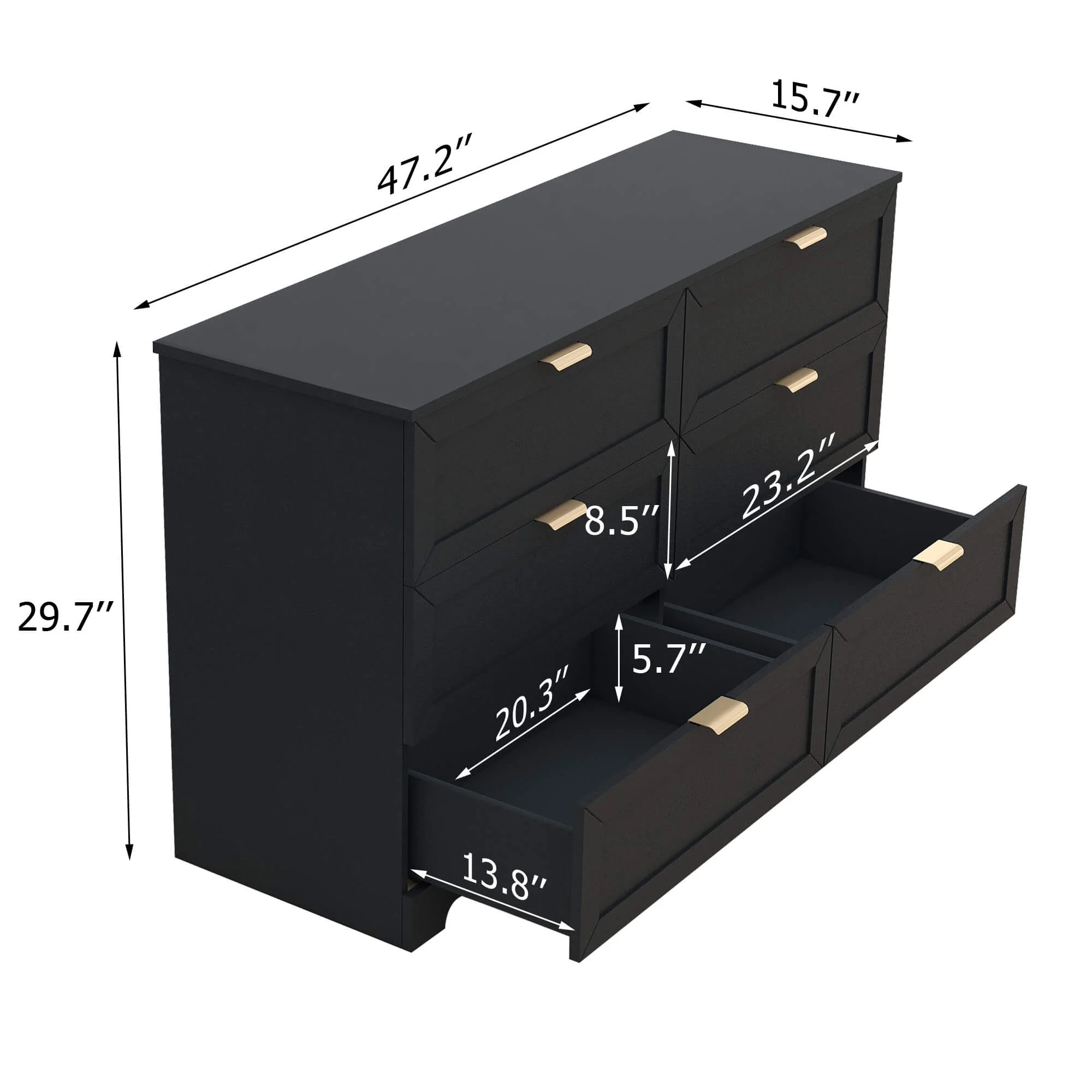 6 Drawer Dresser for Bedroom, Modern Long Dresser Chest With Large Drawer, Wooden Chest of Dresser Storage Cabinet Organizer Unit Black