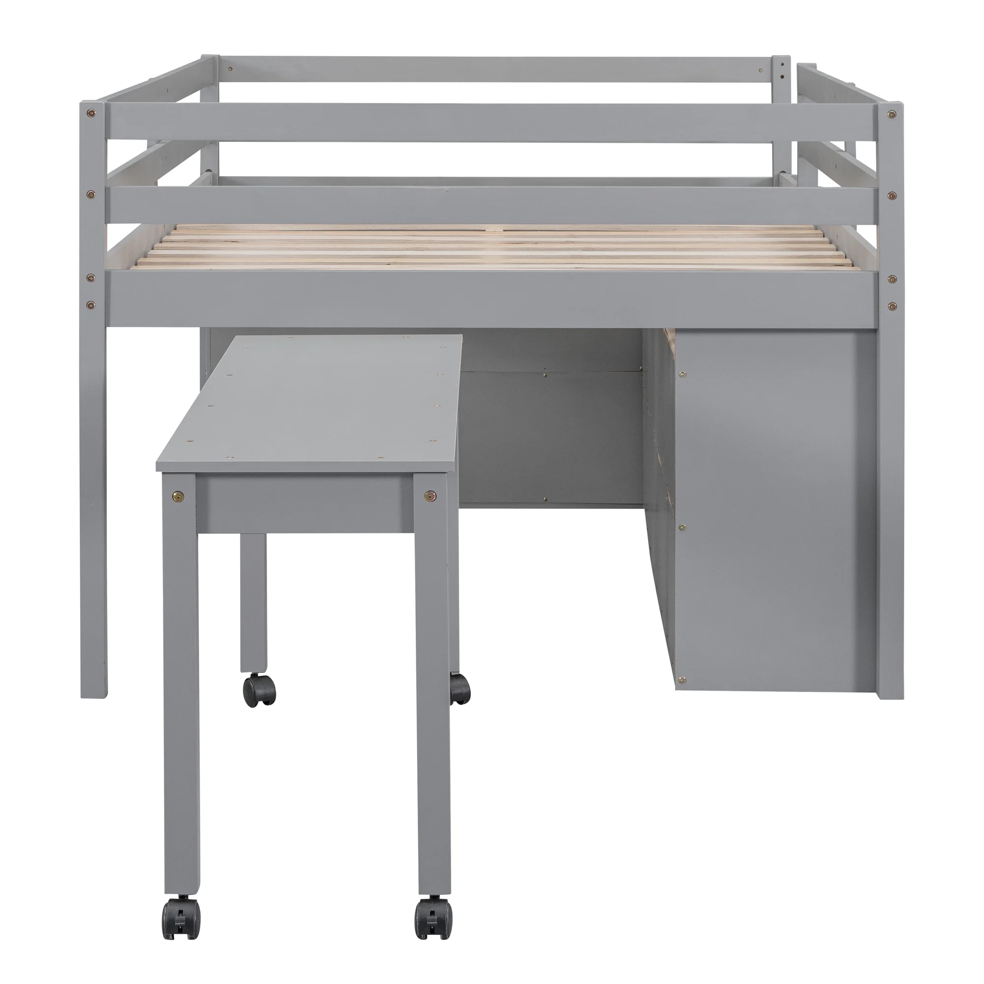 CoSoTower Full Size Loft Bed with Retractable Writing Desk and 4 Drawers, Wooden Loft Bed with Lateral Portable Desk and Shelves, Gray