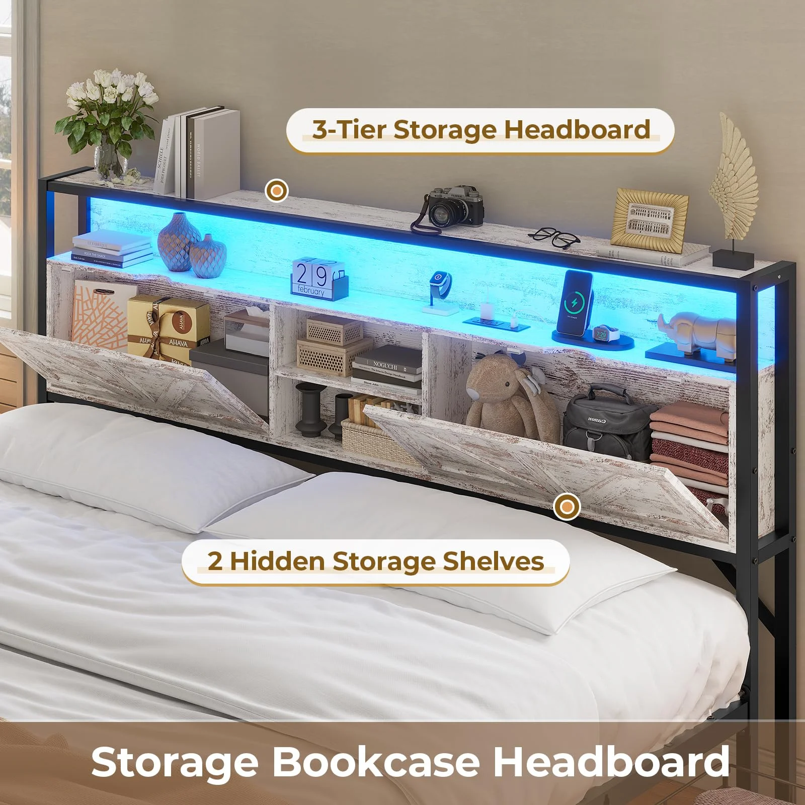 Queen LED Bed Frame with Charging Station and 4 Drawers, Metal Platform Bed Frame with Hidden Storage Headboard, No Box Spring Needed, Old White