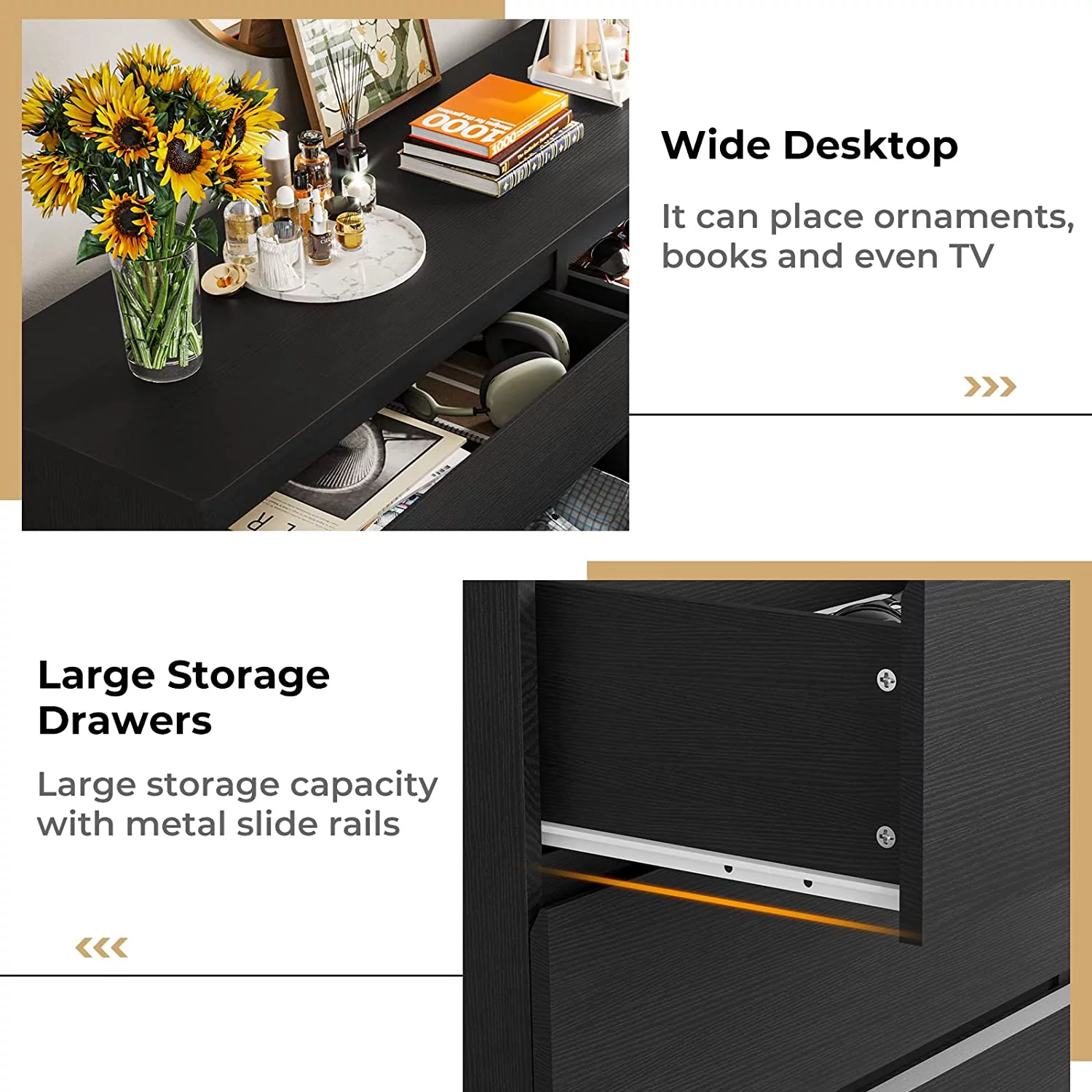 6 Drawer Double Dresser, Large Storage Cabinet for Bedroom, Hallway, Entryway, Black