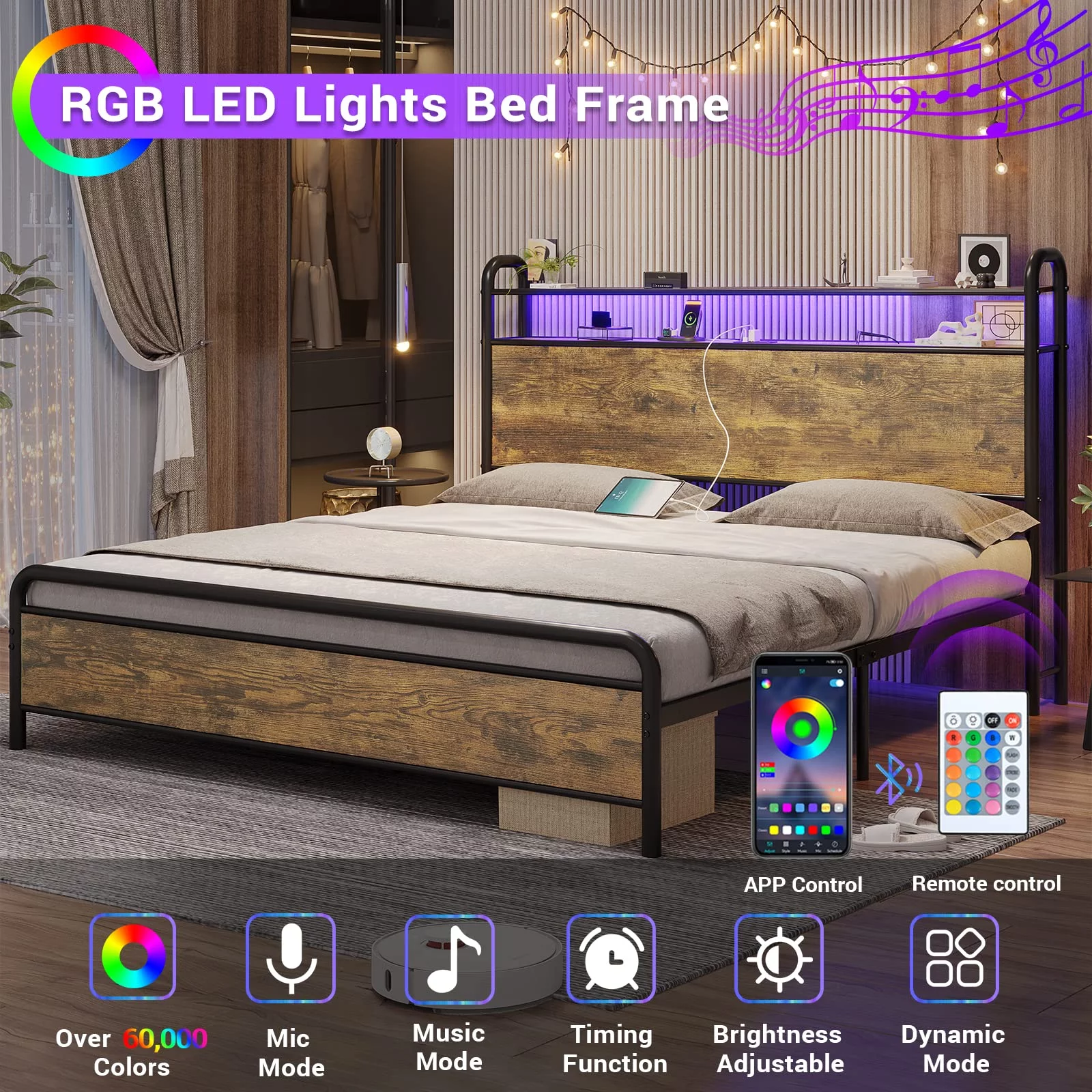 LED Metal Bed Frame with USB Ports & Outlets & LED Headboard, King Platform Bed Frame with 2-Tier Storage Headboard, No Box Spring Needed, Rustic Brown