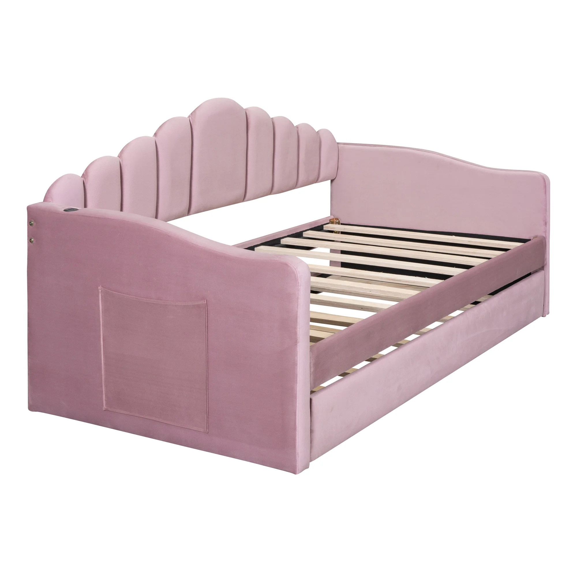 Churanty Twin size Upholstered Daybed with Trundle ,Velvet Sofabed with USB Charging Ports,No Box-spring Needed,Pink
