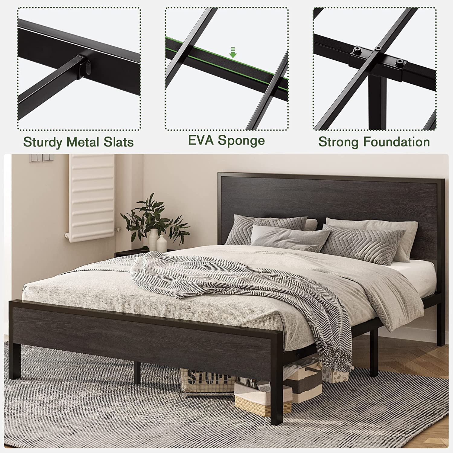 Full Size Platform Bed Frame with Wood headboard and Footboard  Heavy Duty 13 Metal Slats  no Box Spring Needed  Noise Free  Black