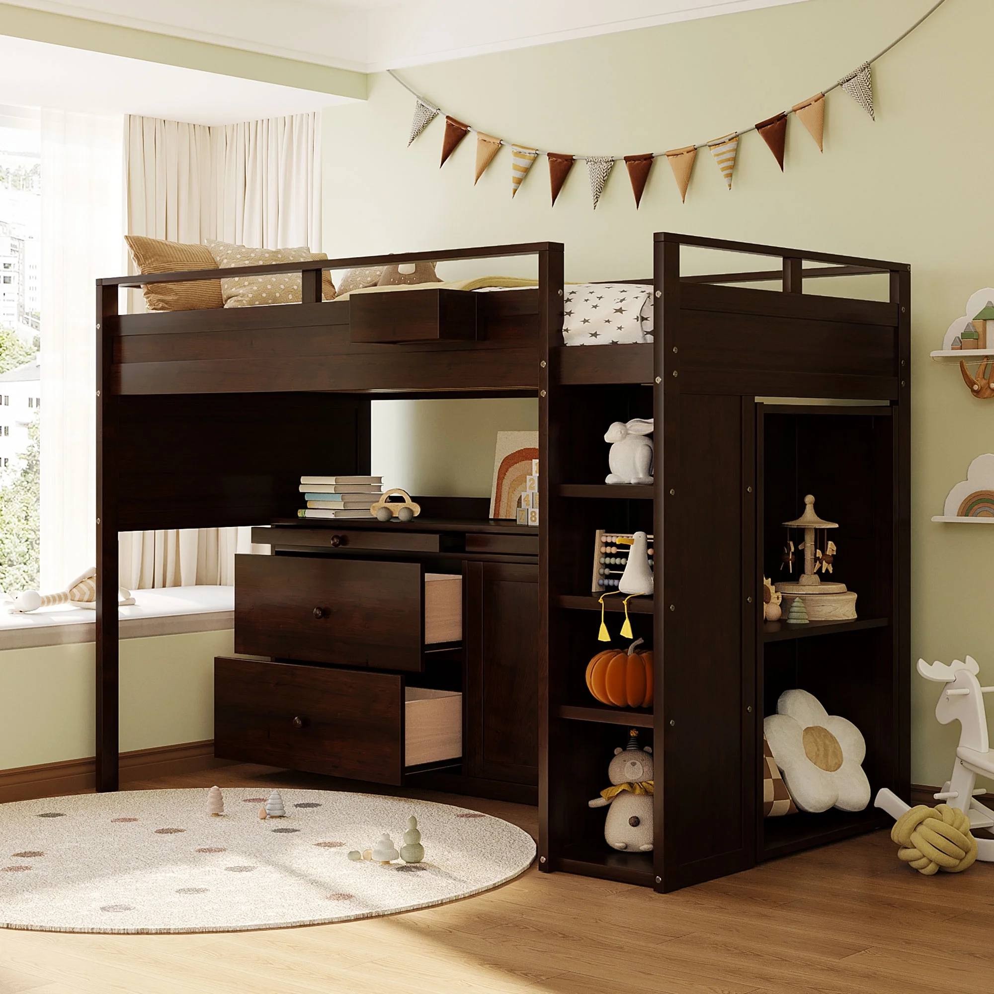 CoSoTower Loft Bed with Rolling Cabinet and Desk - Espresso