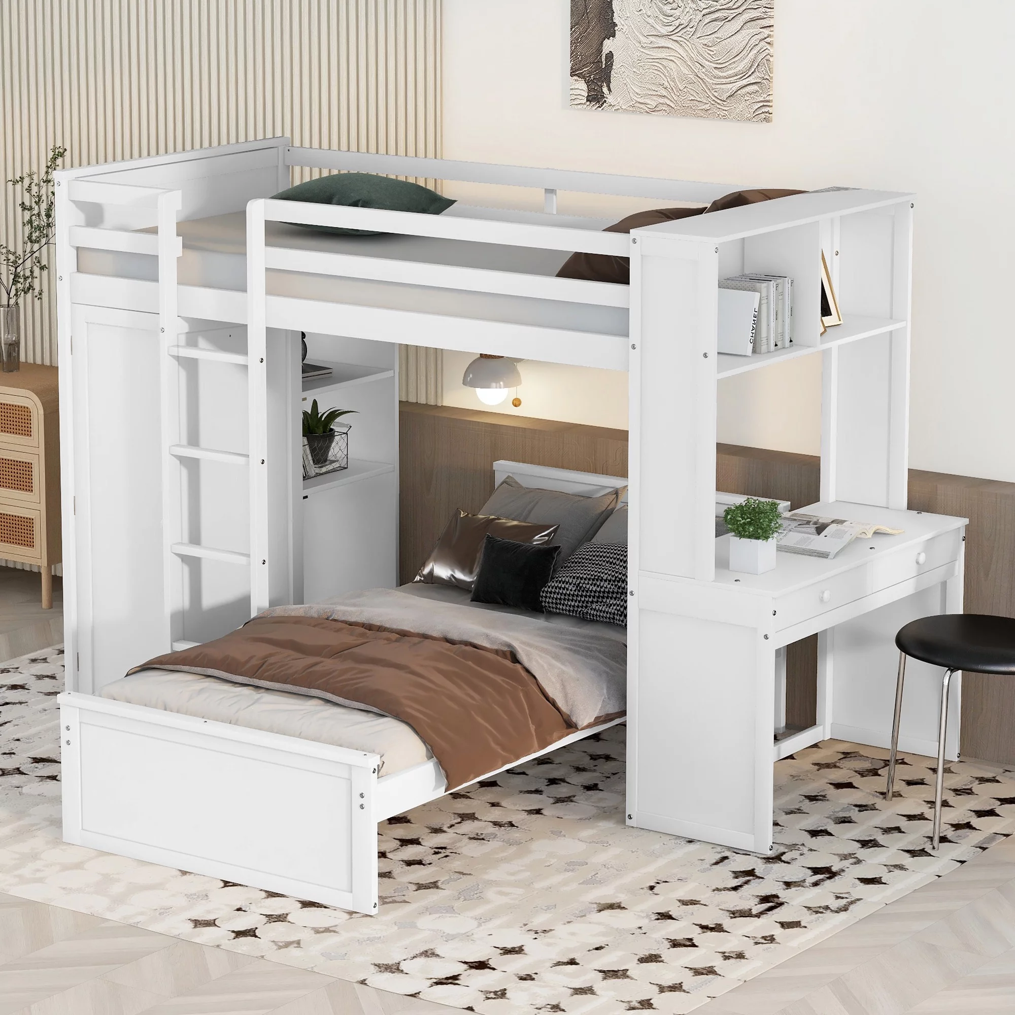 THINK 30,Twin Size Loft Bed with Desk and Wardrobe, Wood Convertible Bunk Bed with Storage Drawers and Shelves, Wooden Loft Bed Frame for Kids Teens, No Box Spring Needed, White