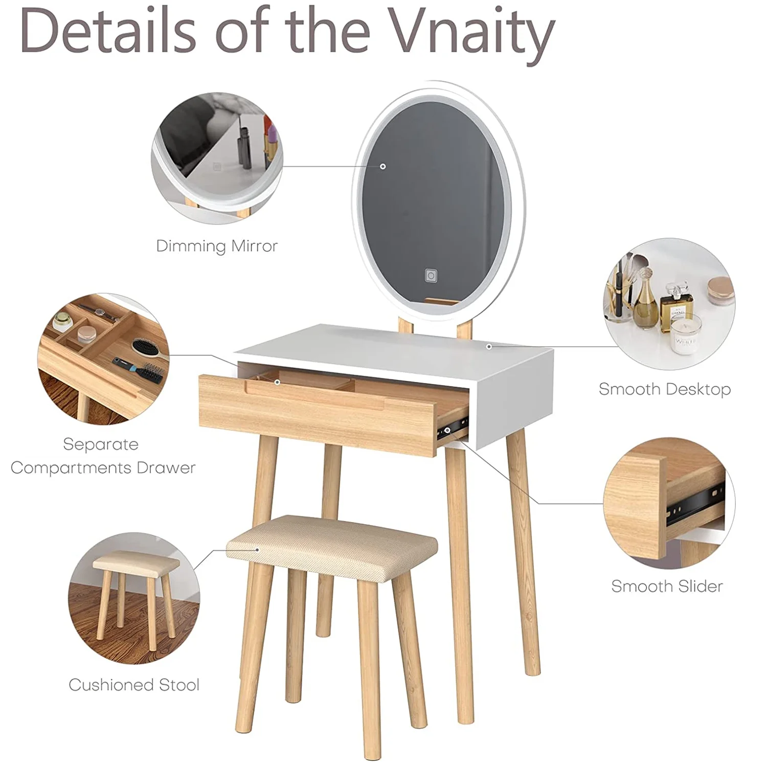 ELEWISH Makeup Vanity Table Set with 3 Modes Adjustable Lighted Mirror Cushioned Stool, Dressing Table for Small Space with Free Make-up Organizer (White+Wood)