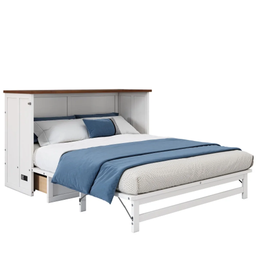 Solid Pine Murphy Bed Chest with Charging Station and Large Storage Drawer for Home Office or Small Room , Full, White+Walnut