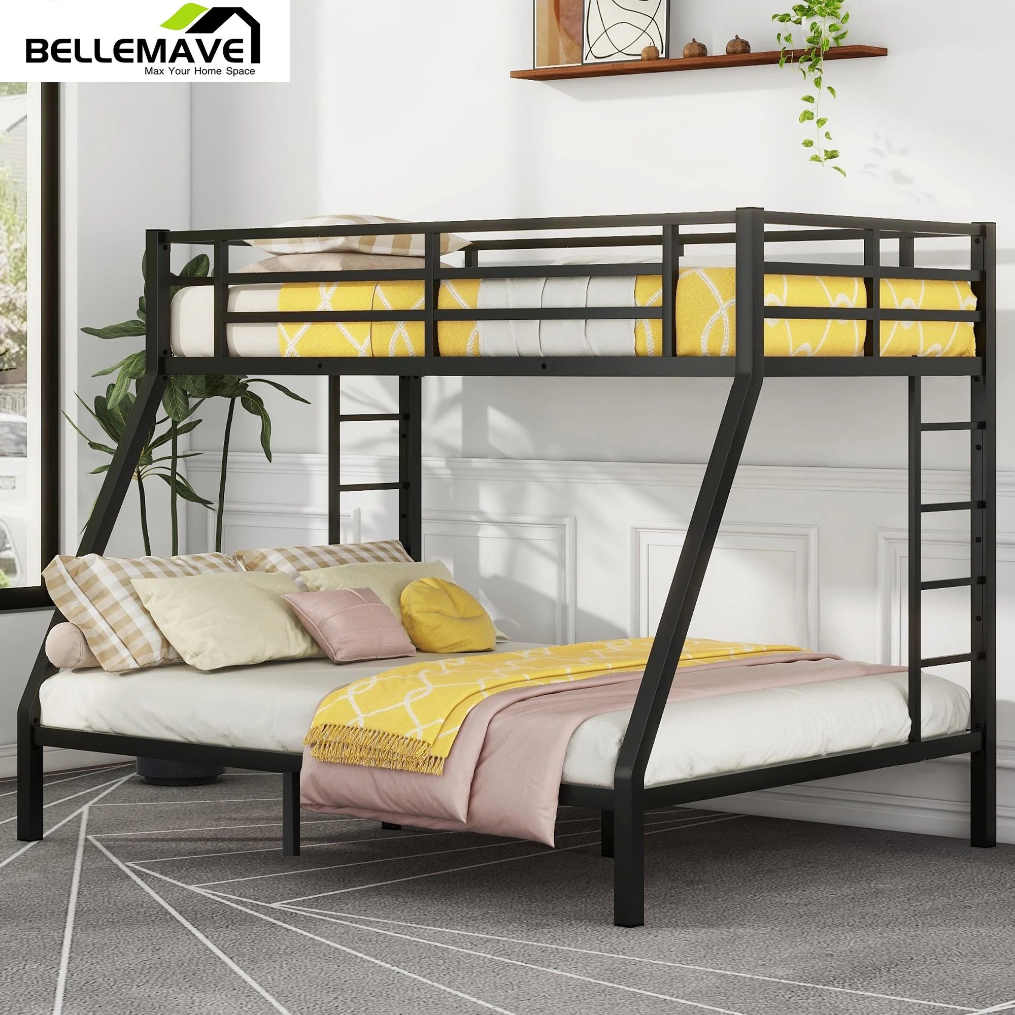 Bellemave Metal Bunk Beds Twin XL over Queen Bunk Bed for Adults, Teens, Kids Heavy Duty Bunk Bed Frame with 2 Ladder and Full-Length Guardrails, No Box Spring Needed, Black