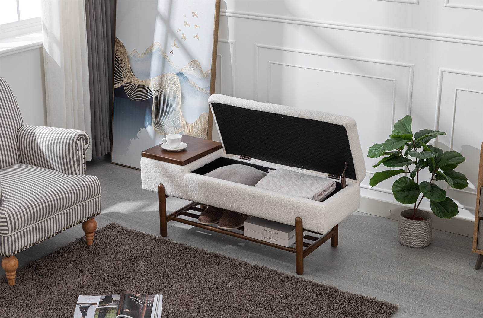 Guyou Storage Bench Sherpa End of Bed Ottoman Bench with Wooden Shoe Rack and Coffee Table, Modern Upholstered Long Seating Bench Entryway Bench for Hallway Foyer Living Room Bedroom, Beige