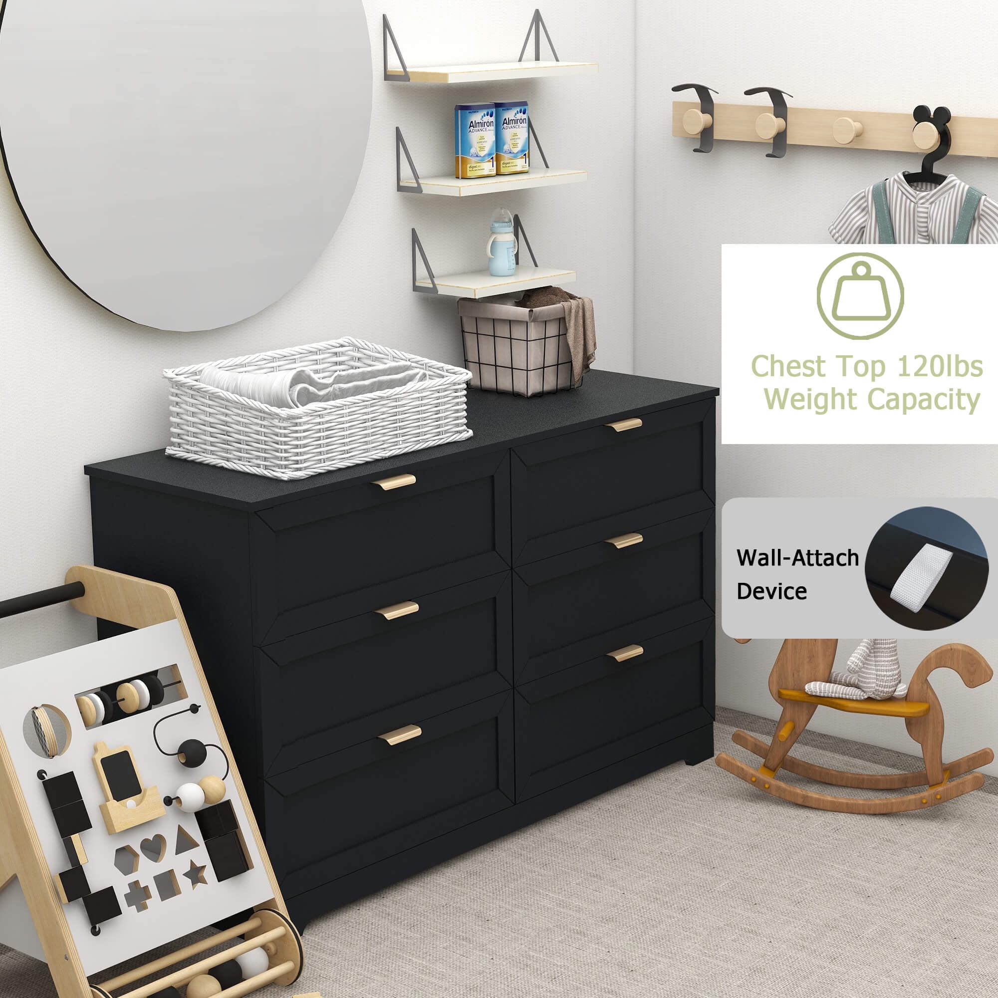 6 Drawer Dresser for Bedroom, Modern Long Dresser Chest With Large Drawer, Wooden Chest of Dresser Storage Cabinet Organizer Unit Black