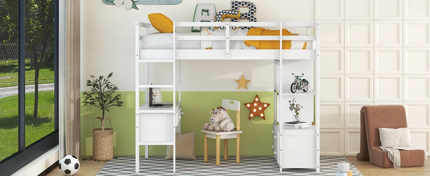 Royard Oaktree Twin Size Loft Bed with Built-in Desk and Storage Shelves with Drawers Wood Loft Bed Frame with Ladder and Guardrails, White
