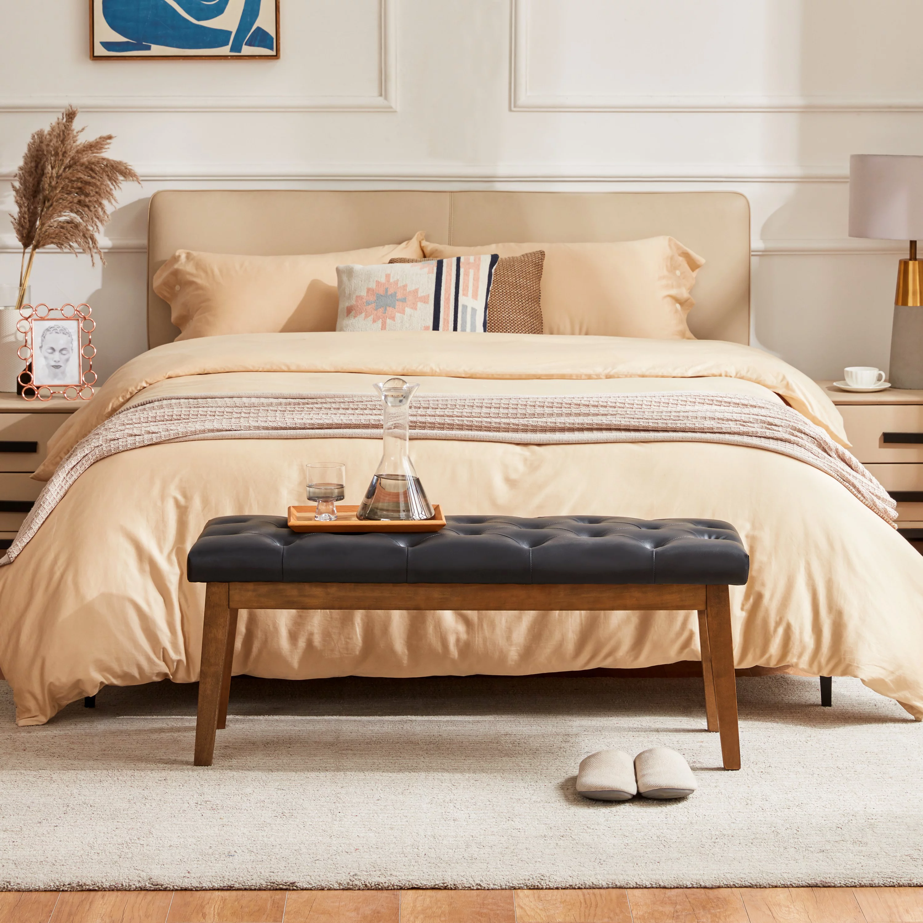 HUIMO Bedroom Bench End of Bed, Upholstered Dining Bench for Kitchen, Button-Tufted Entryway Bench, Fabric Ottoman Bench for Living Room, Black