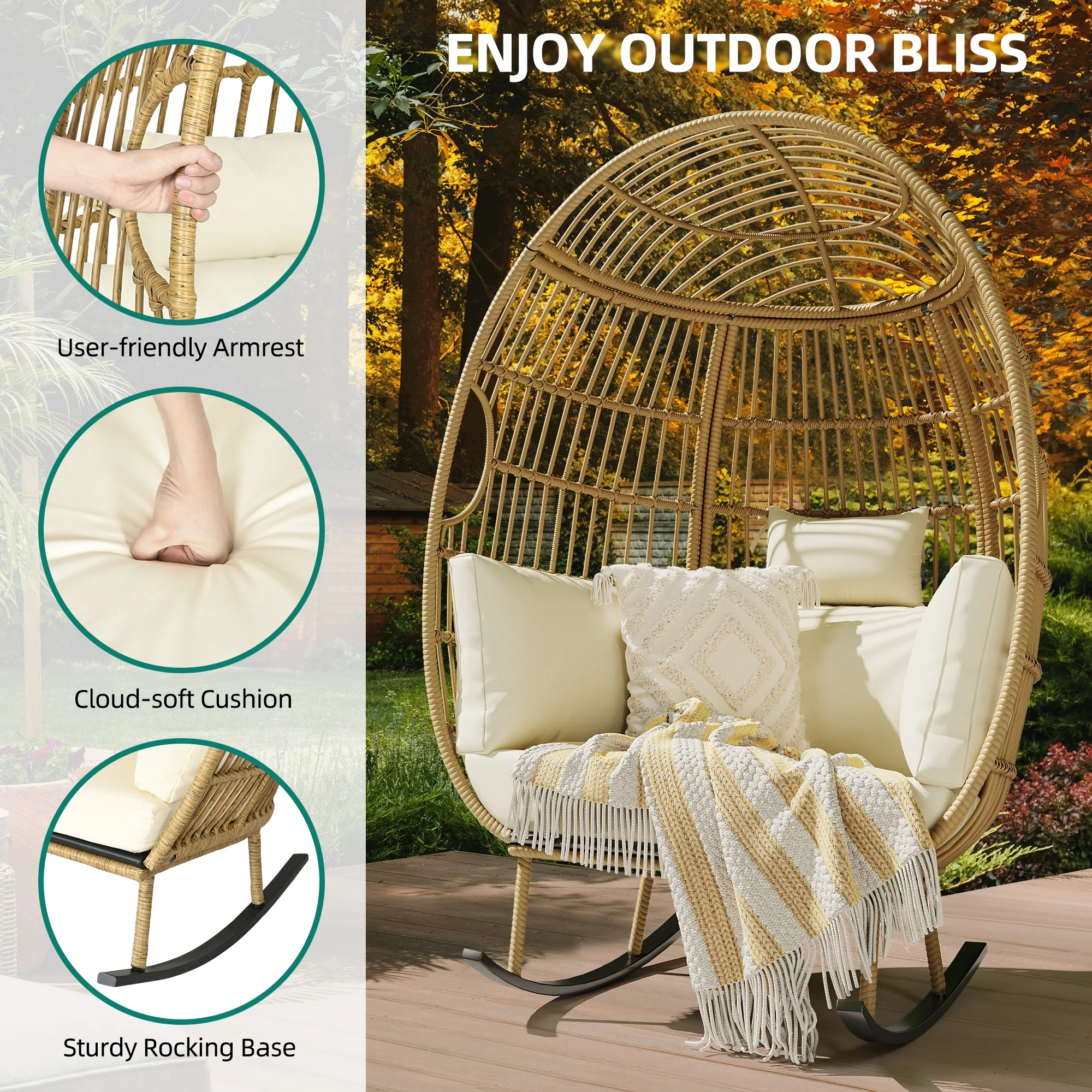 Dextrus Indoor Outdoor Rocking Egg Chair, Wicker Patio Rocking Basket Chair with 385lbs Capacity, All-Weather Oversized Egg Lounger Chair - Beige